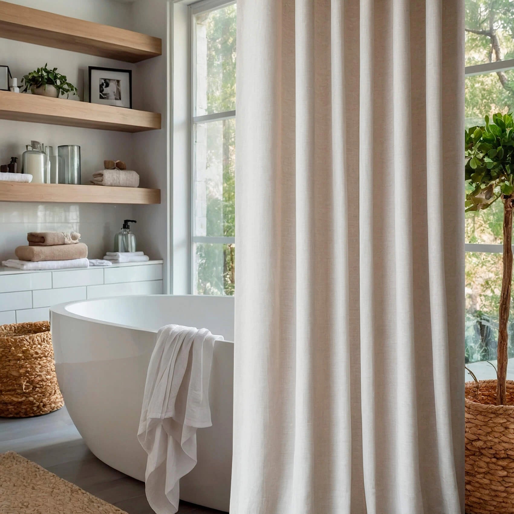 Linen Shower Curtain Panel Waterproof With Grommets (Eylets), Ivory White, Heavy