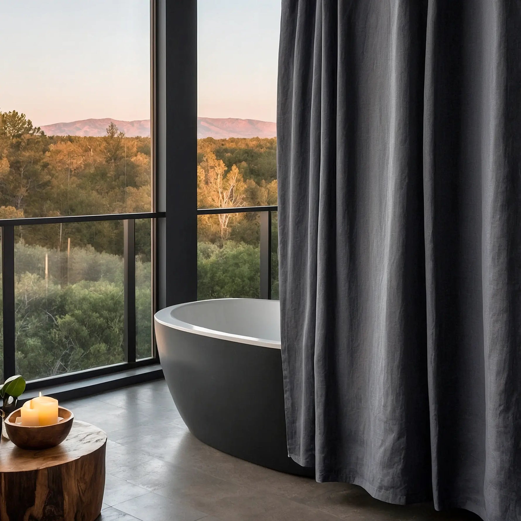 Linen Shower Curtain Panel With Grommets (Eylets), Dark Gray, Heavy