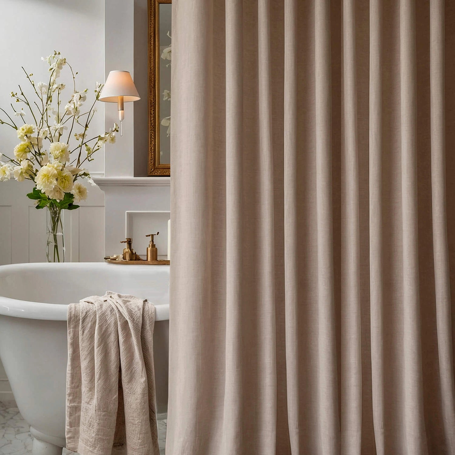 Linen Shower Curtain Panel Waterproof With Grommets (Eylets), Beige, Heavy