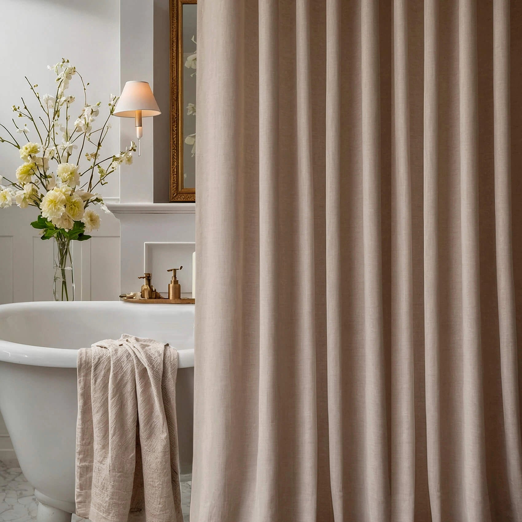 Linen Shower Curtain Panel Waterproof With Grommets (Eylets), Beige, Heavy