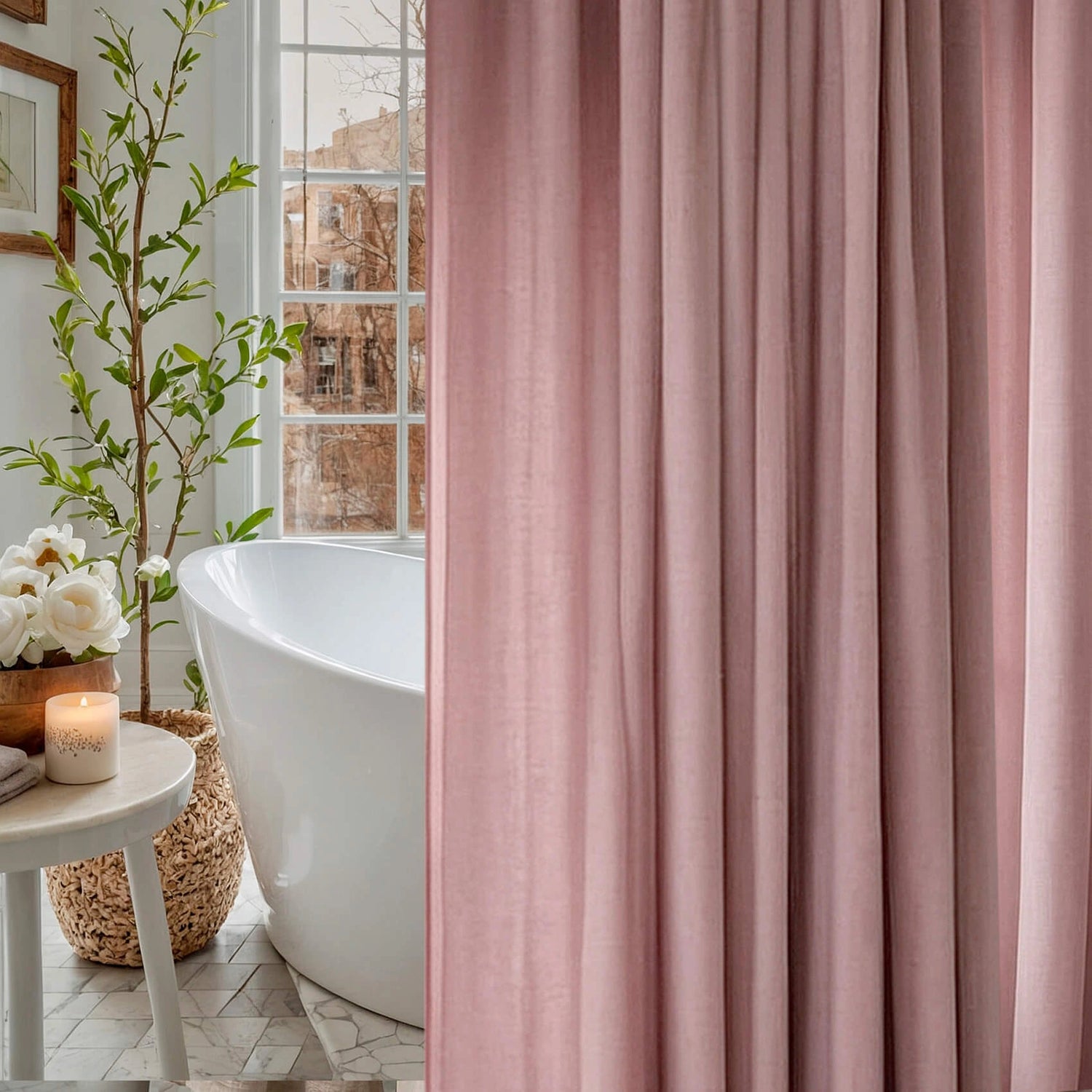 Linen Shower Curtain Panel Waterproof With Grommets (Eylets), Pale Pink, Heavy