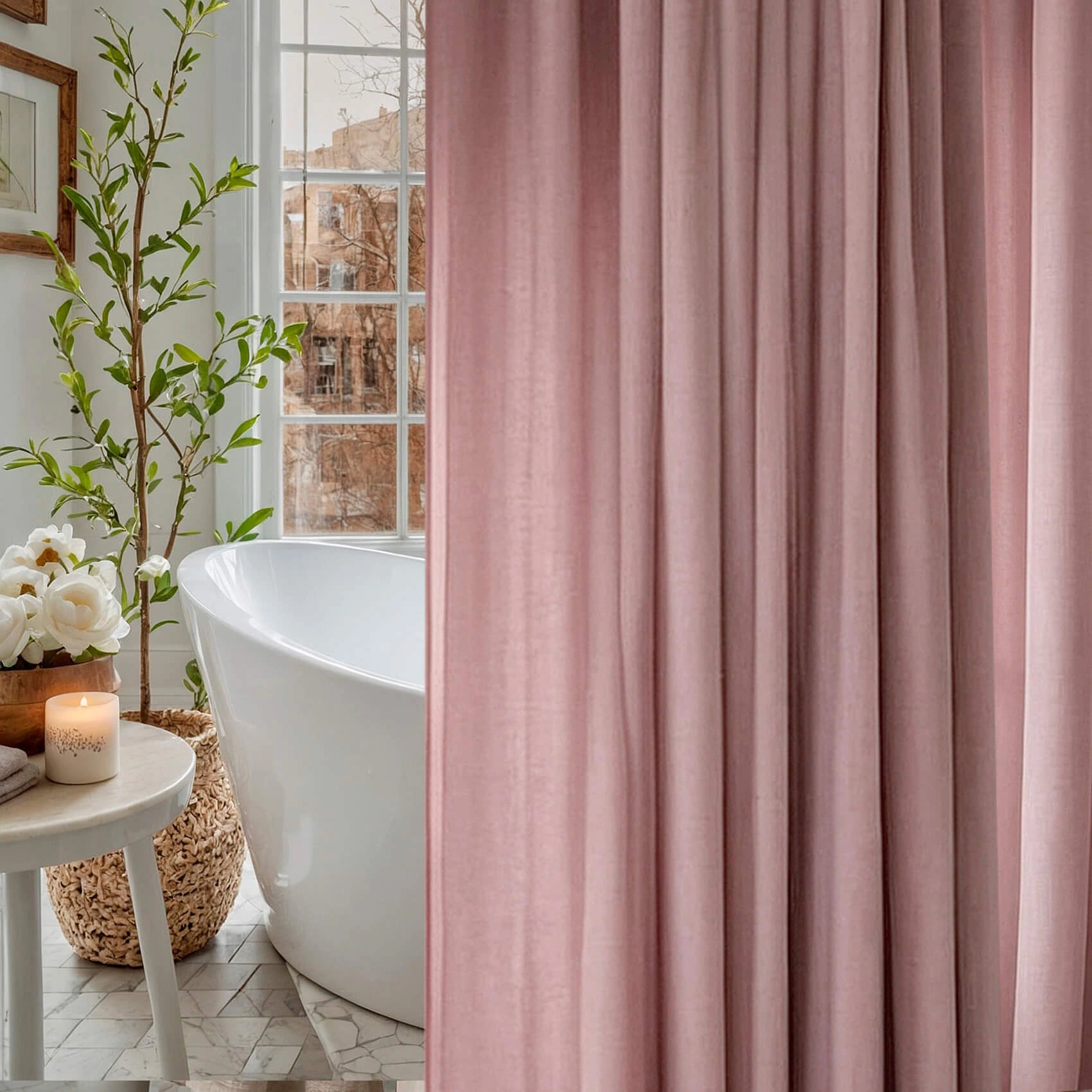Linen Shower Curtain Panel Waterproof With Grommets (Eylets), Pale Pink, Heavy