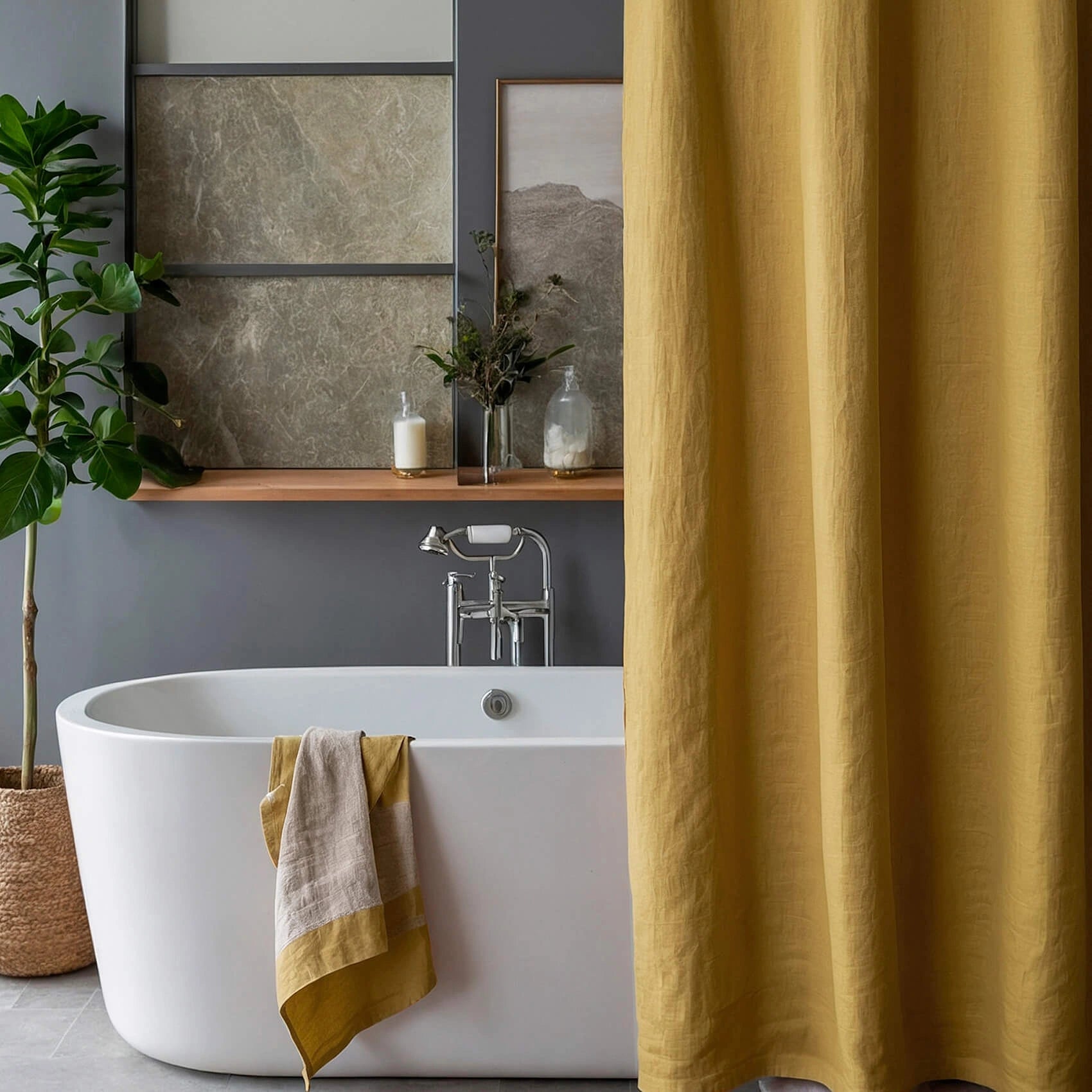 Linen Shower Curtain Panel Waterproof With Grommets (Eylets), Mustard, Heavy
