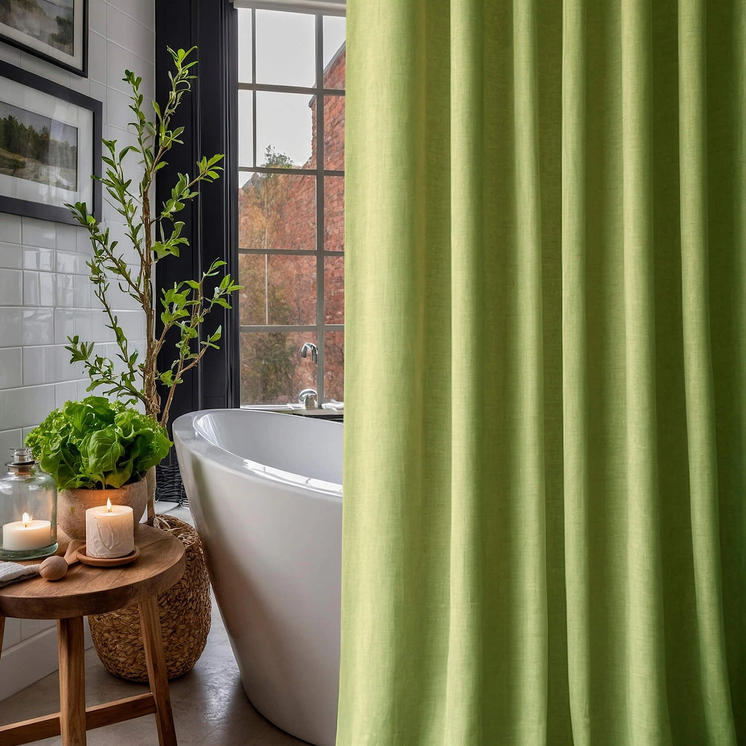 Linen Shower Curtain Panel Waterproof With Grommets (Eylets),Pear Green Color, Heavy