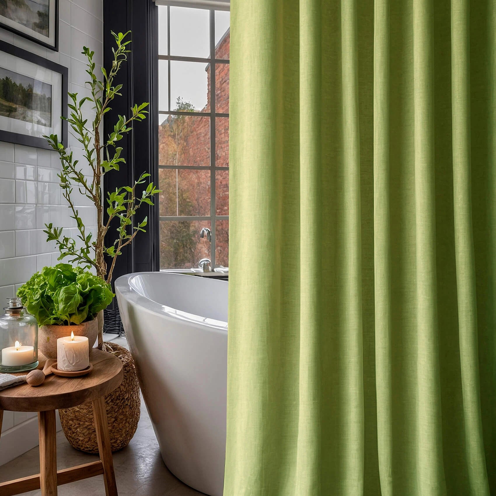 Linen Shower Curtain Panel Waterproof With Grommets (Eylets),Pear Green Color, Heavy