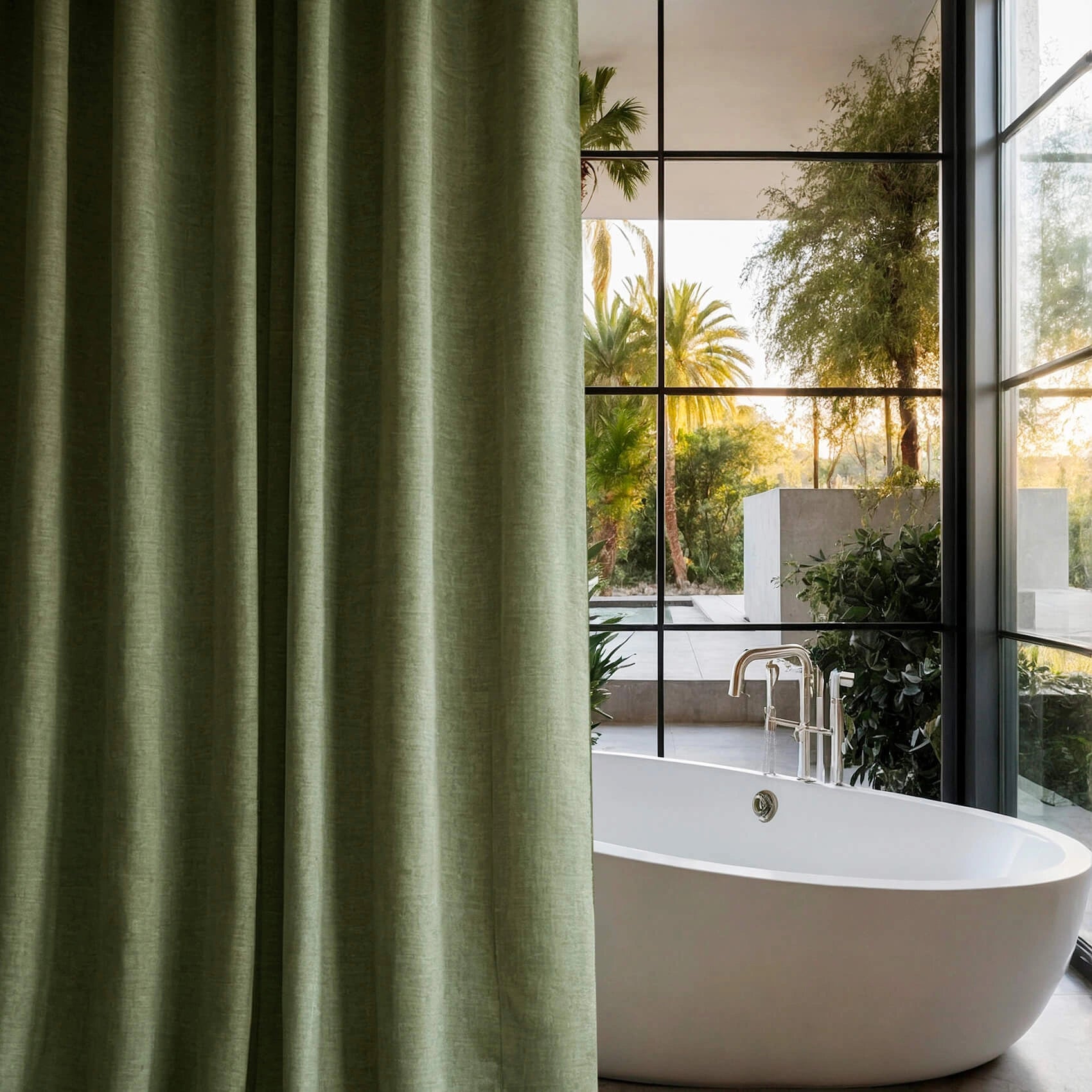 Linen Shower Curtain Panel Waterproof With Grommets (Eylets), Fern Green Color, Heavy