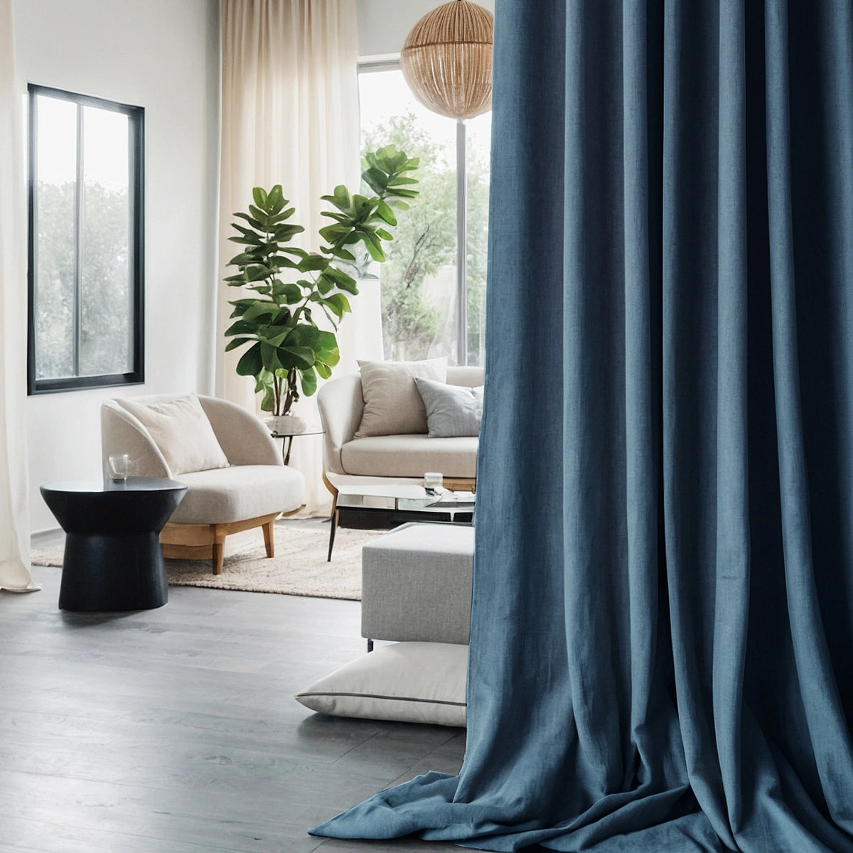 Melange Curtains Linen Blue for Farmhouse Living Room Decor, Custom Extra Long