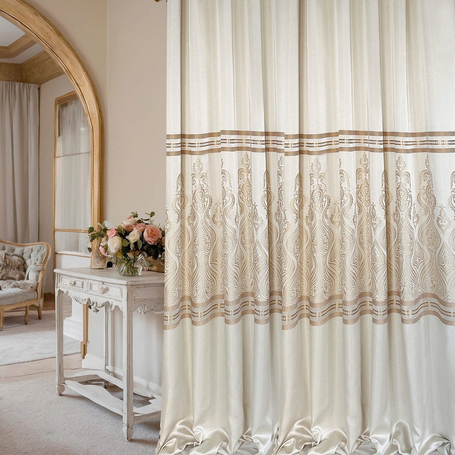 Custom Curtains Cream Striped with Damask Pattern