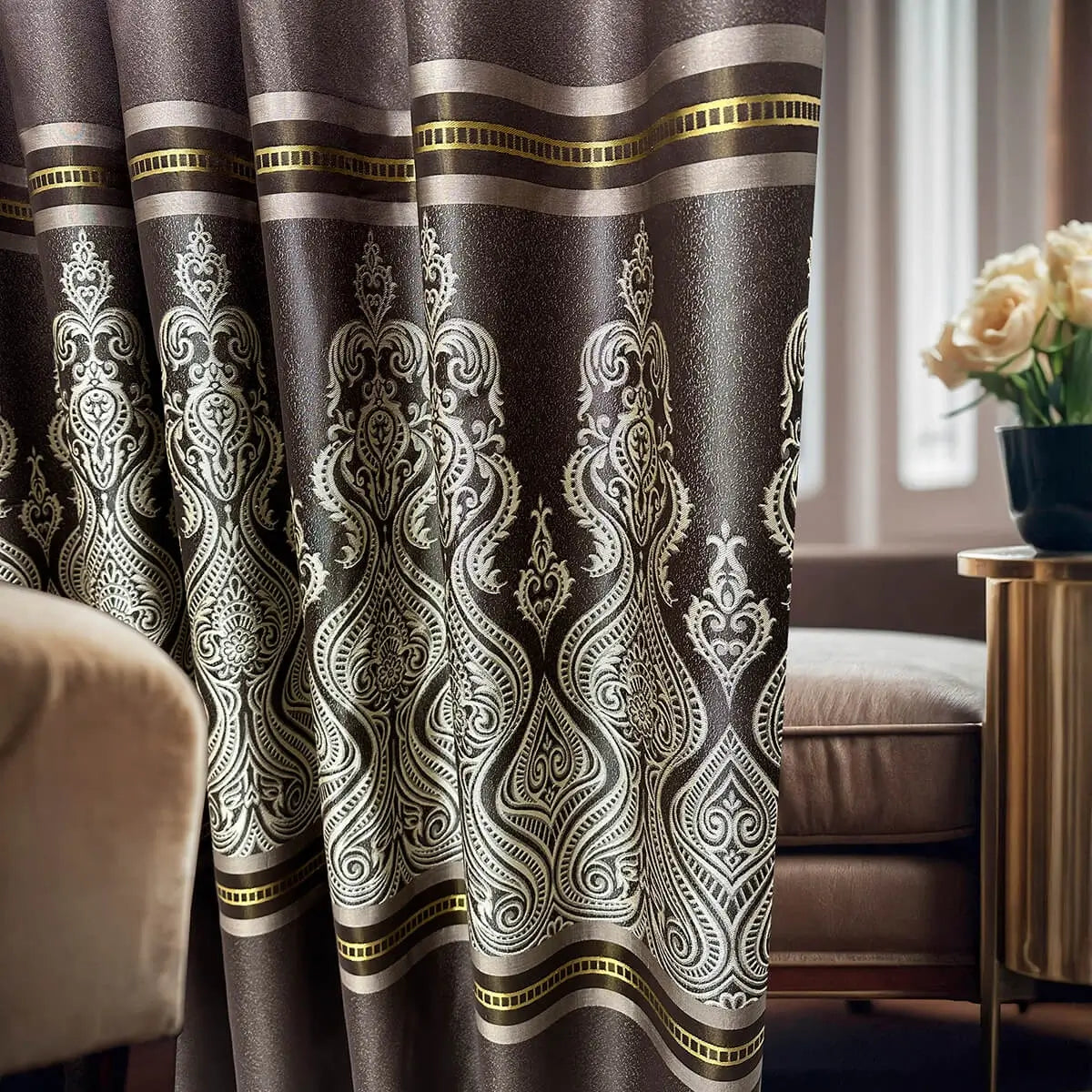 Custom Curtains Brown Beige Striped with Damask Pattern, Luxury Bohemian Home Decor Style