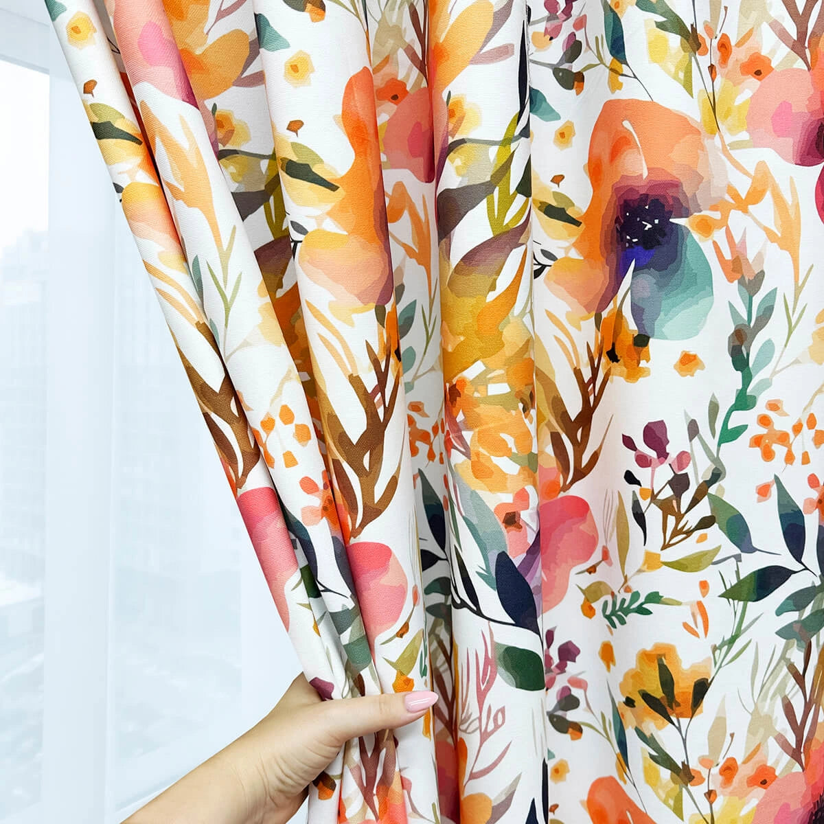 Curtains with Watercolor Vivid Orange Floral Pattern