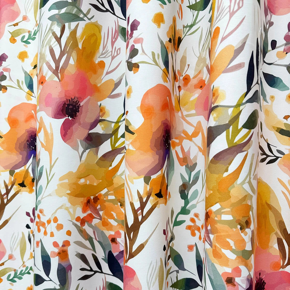 fabric for Curtains with Watercolor Vivid Orange Floral Pattern