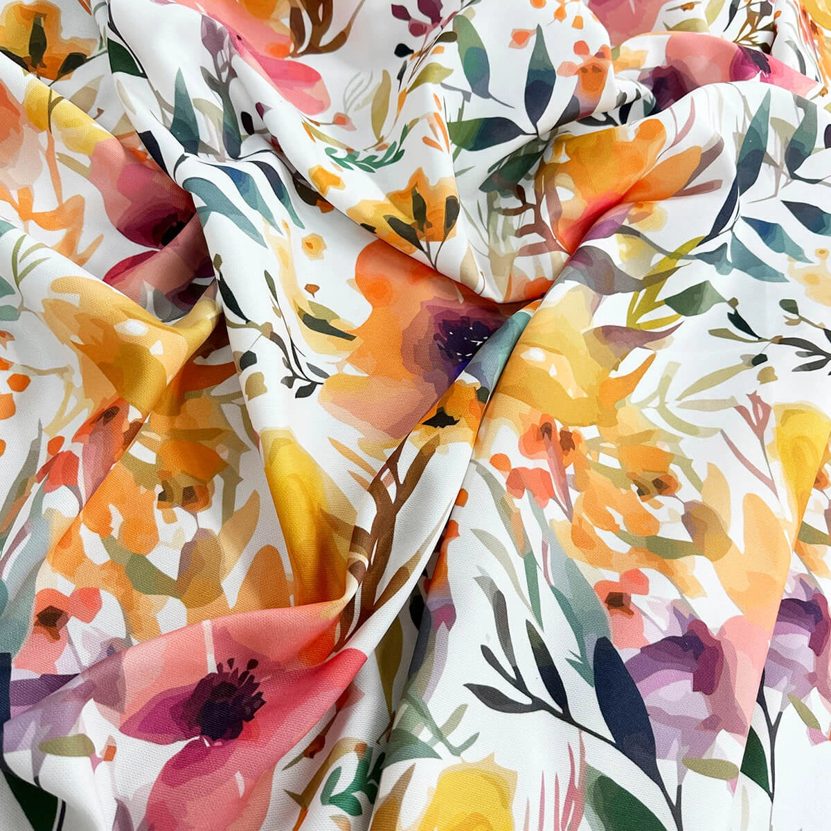 fabric for Curtains with Watercolor Vivid Orange Floral Pattern