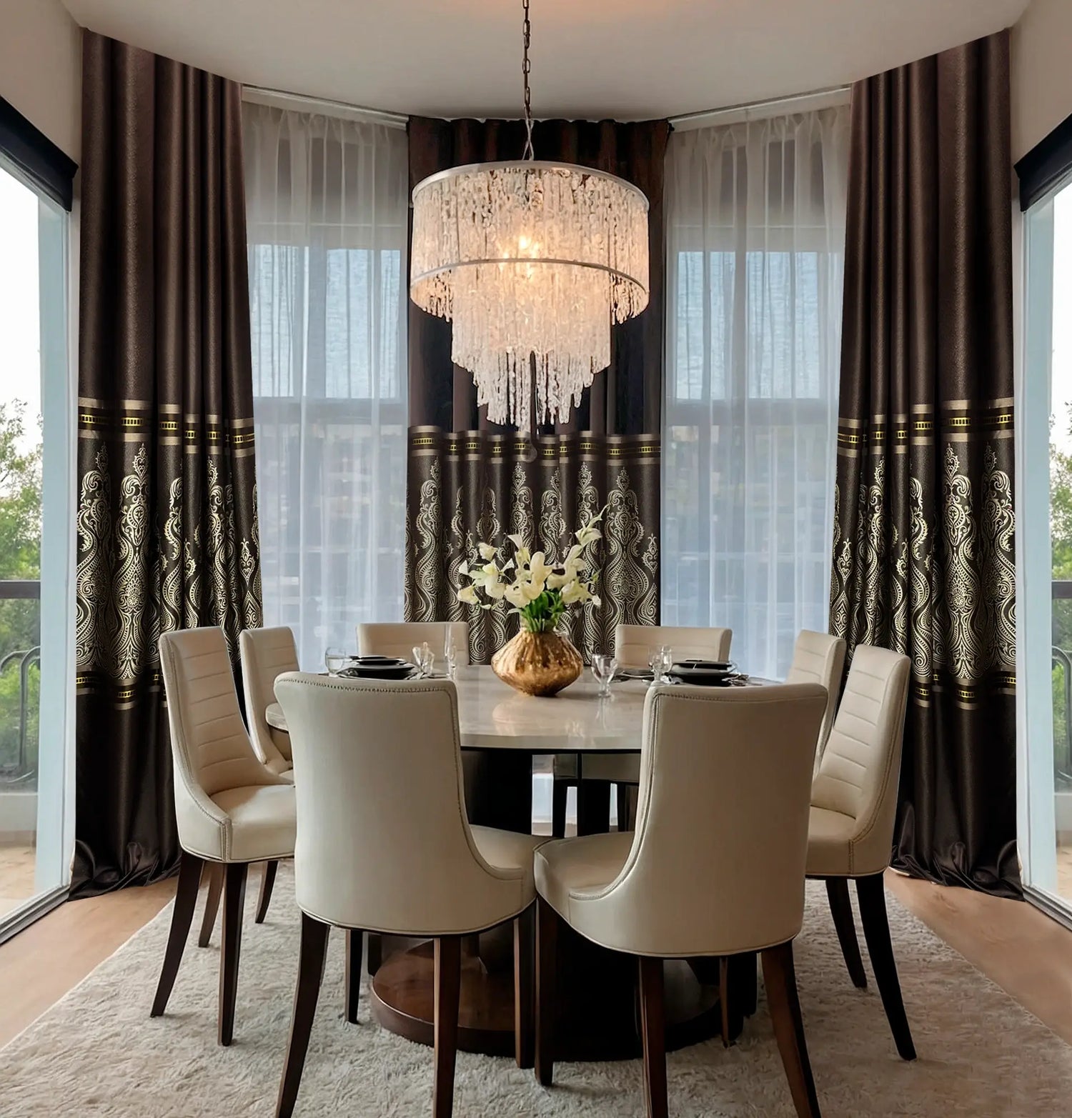 Custom Curtains Brown Beige Striped with Damask Pattern, Luxury Bohemian Home Decor Style