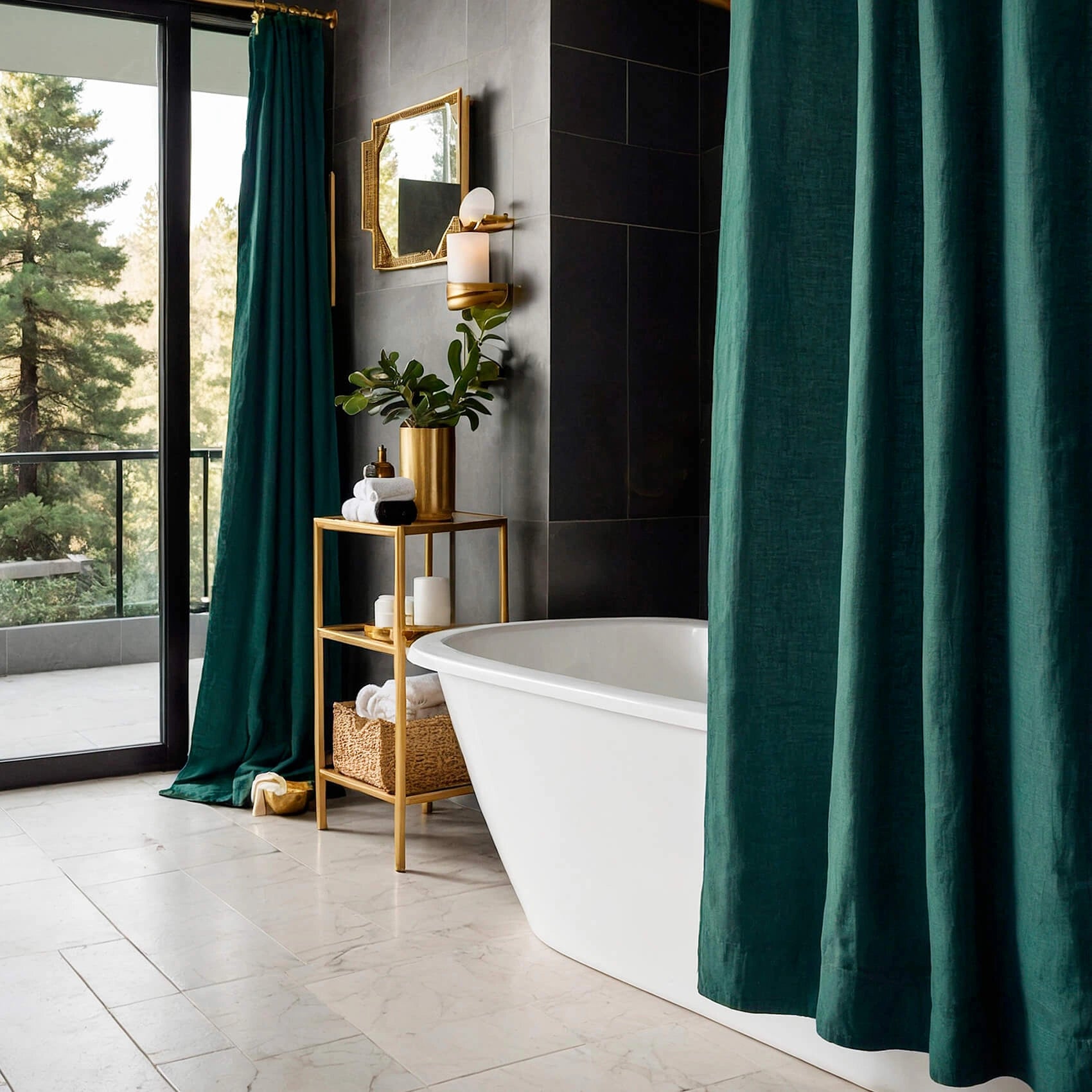 Linen Shower Curtain Panel Waterproof With Grommets (Eylets), Pine Green Color, Heavy