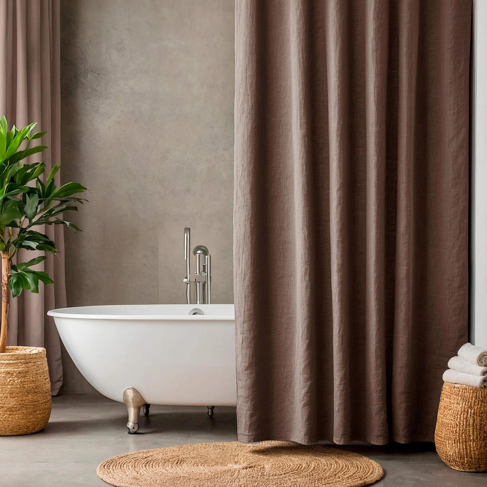 Linen Shower Curtain Panel Waterproof With Grommets (Eylets), Cocoa Brown Color, Heavy