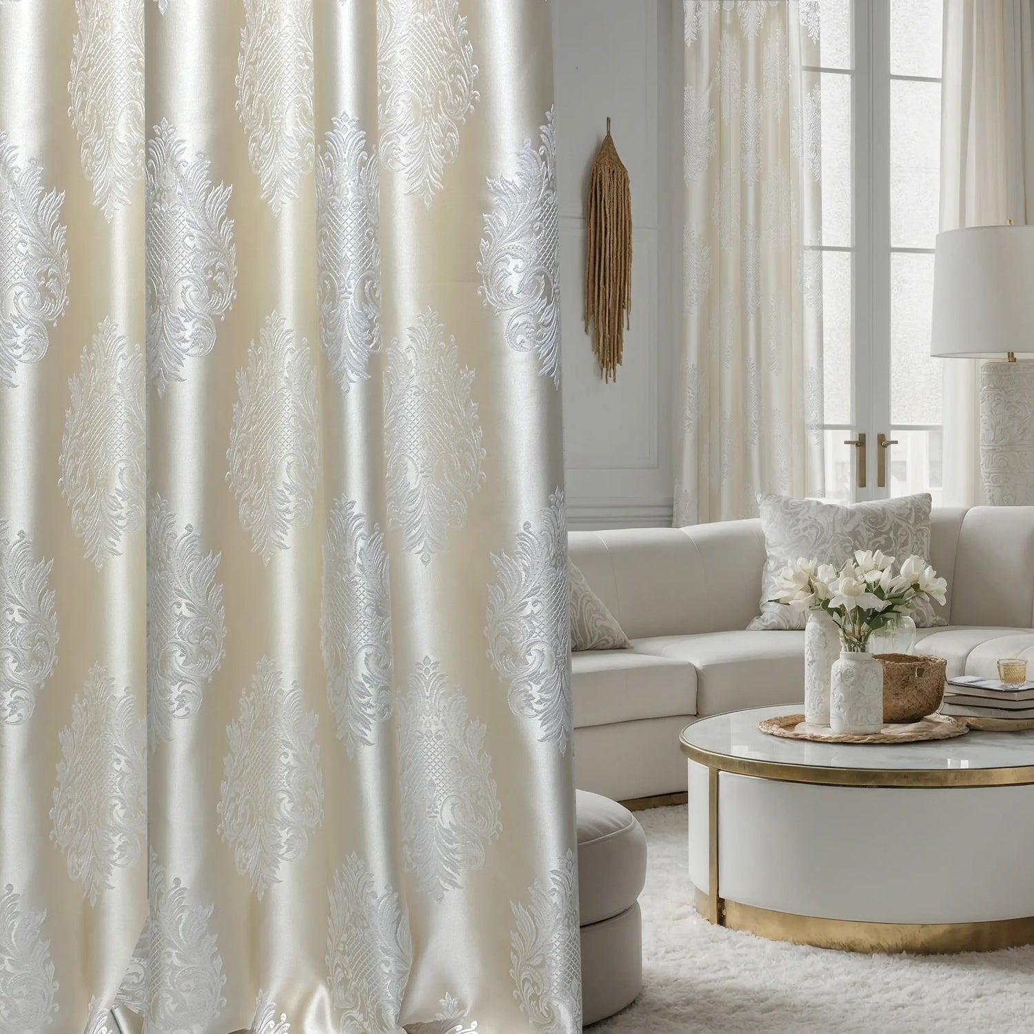 Jacquard Curtains Ivory Beige for Luxury Bedroom, Custom Damask Patterned
