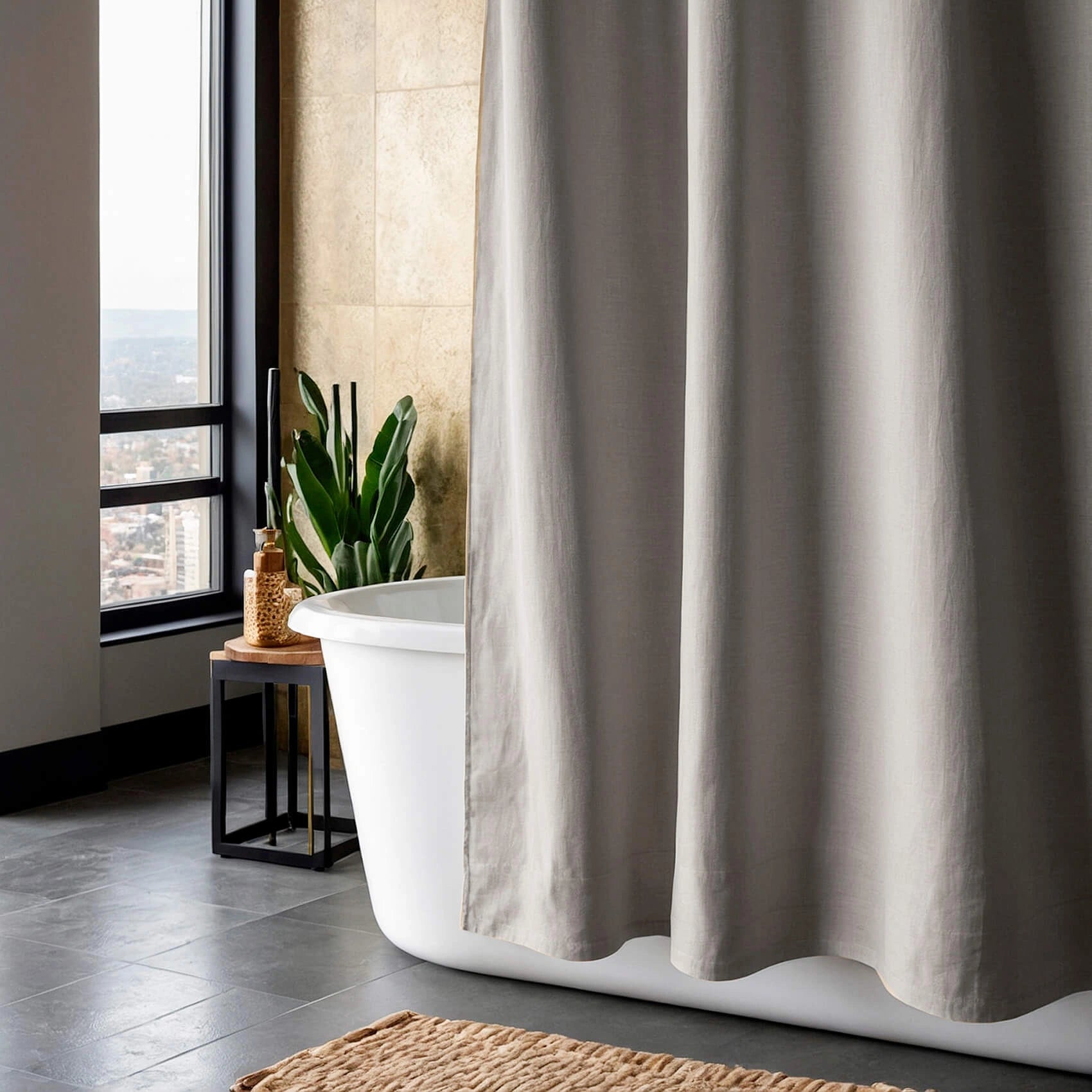 Linen Shower Curtain Panel Waterproof With Grommets (Eylets), Light Gray, Heavy