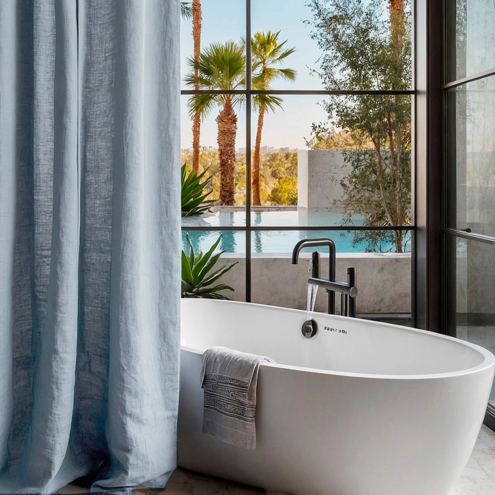 Linen Shower Curtain Panel Waterproof With Grommets (Eylets), Light Blue, Heavy