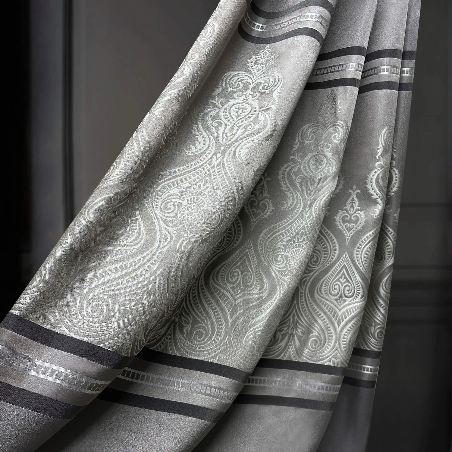 Custom Curtains Gray Striped with Damask Pattern, Luxury Bohemian Home Decor Style