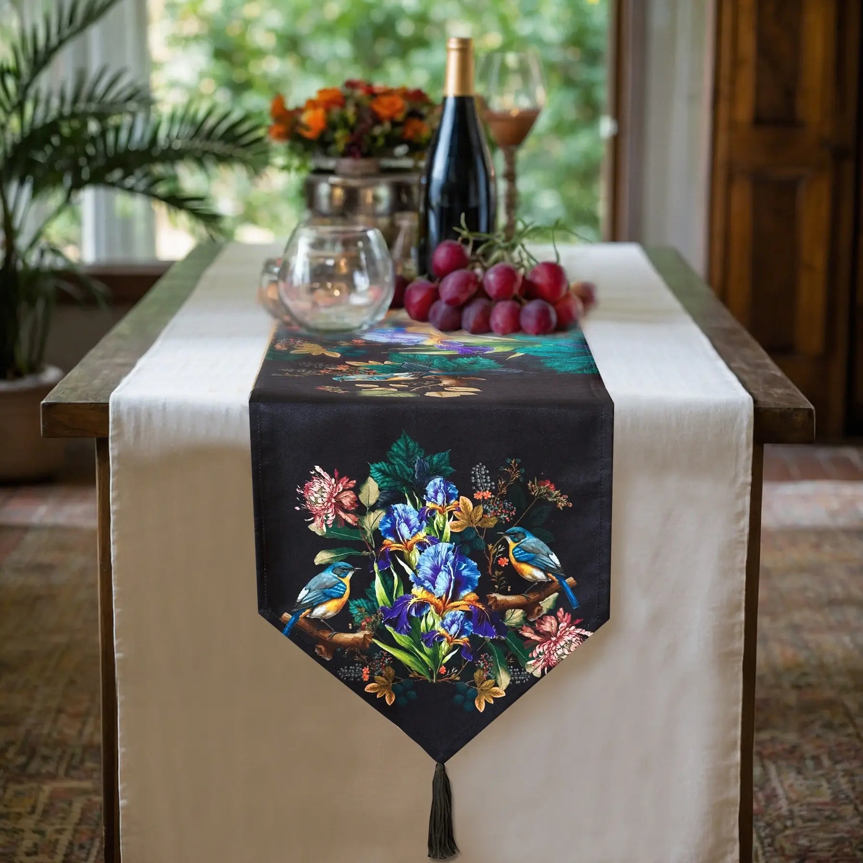 Table runner black with birds