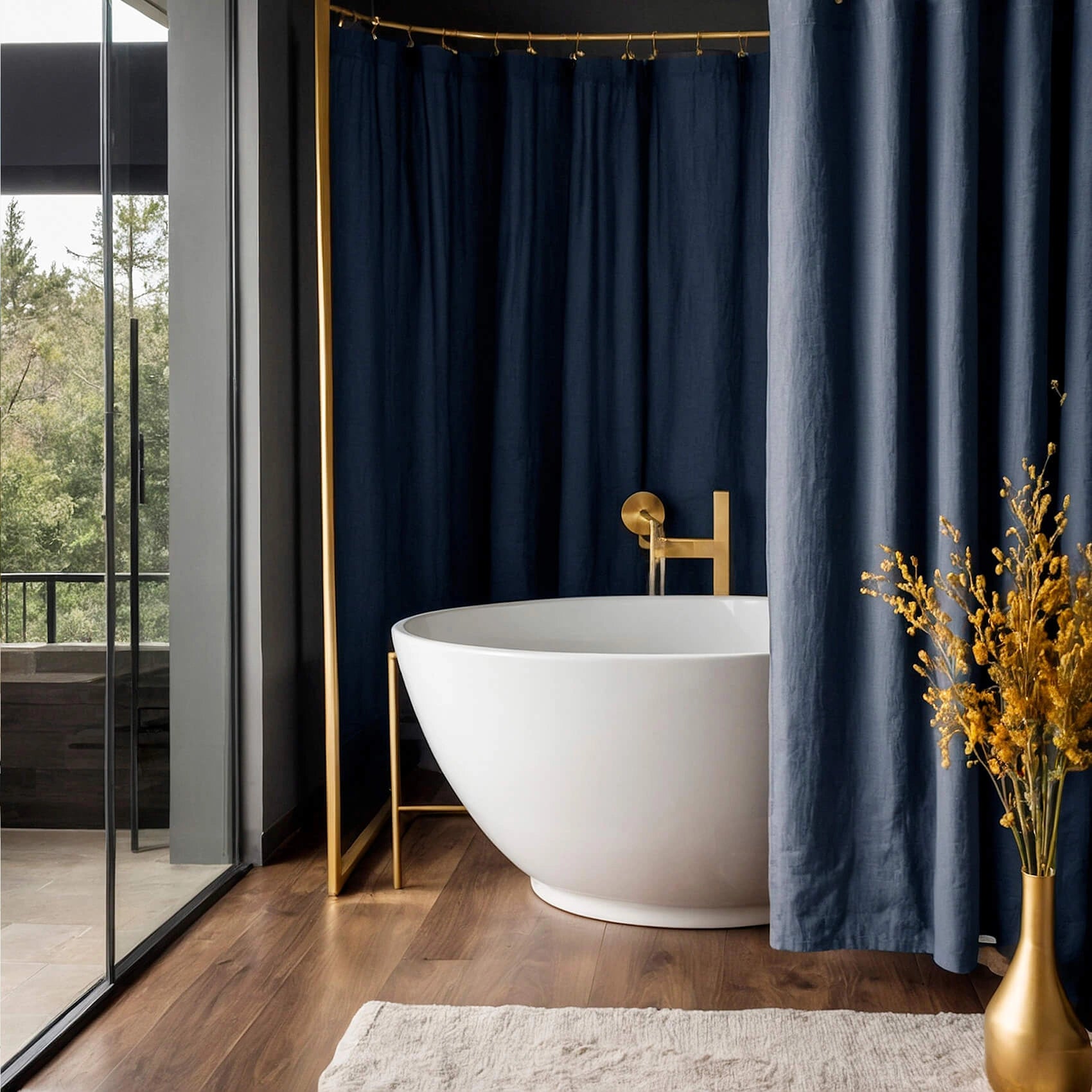 Linen Shower Curtain Panel Waterproof With Grommets (Eylets), Space Blue, Heavy