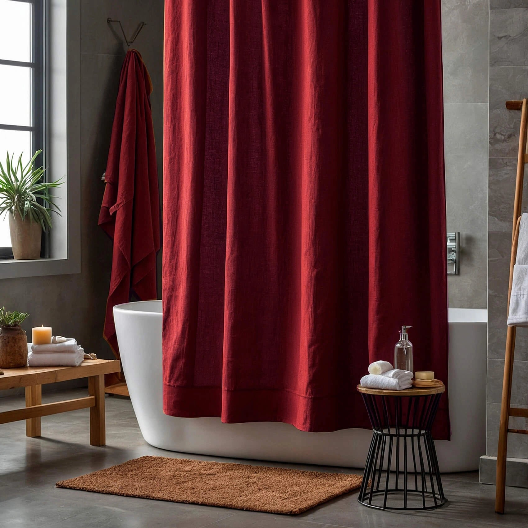 Linen Shower Curtain Panel Waterproof With Grommets (Eylets), Deep Red, Heavy
