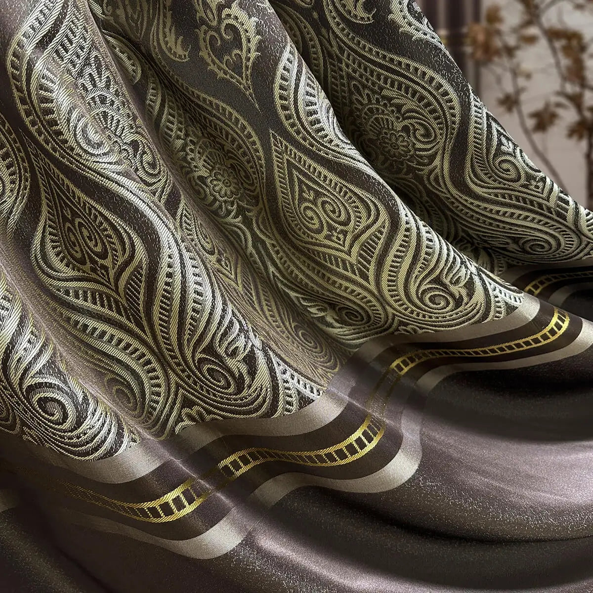 Custom Curtains Brown Beige Striped with Damask Pattern, Luxury Bohemian Home Decor Style