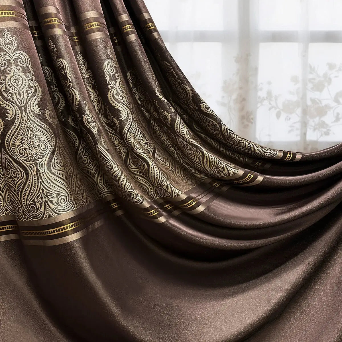 Custom Curtains Brown Beige Striped with Damask Pattern, Luxury Bohemian Home Decor Style