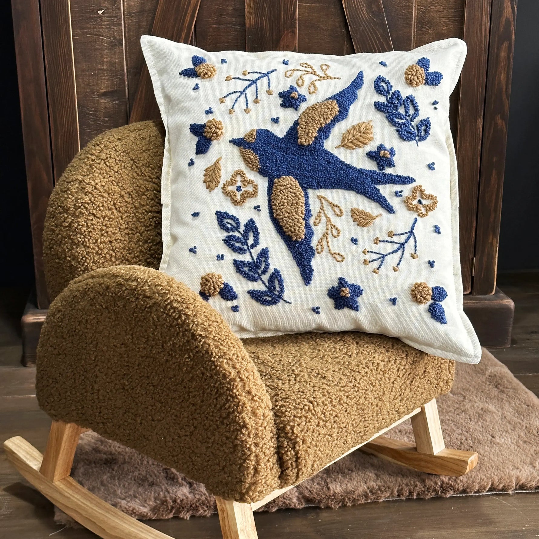 Pillow Cover Punch Needle Embroidered, Blue beige