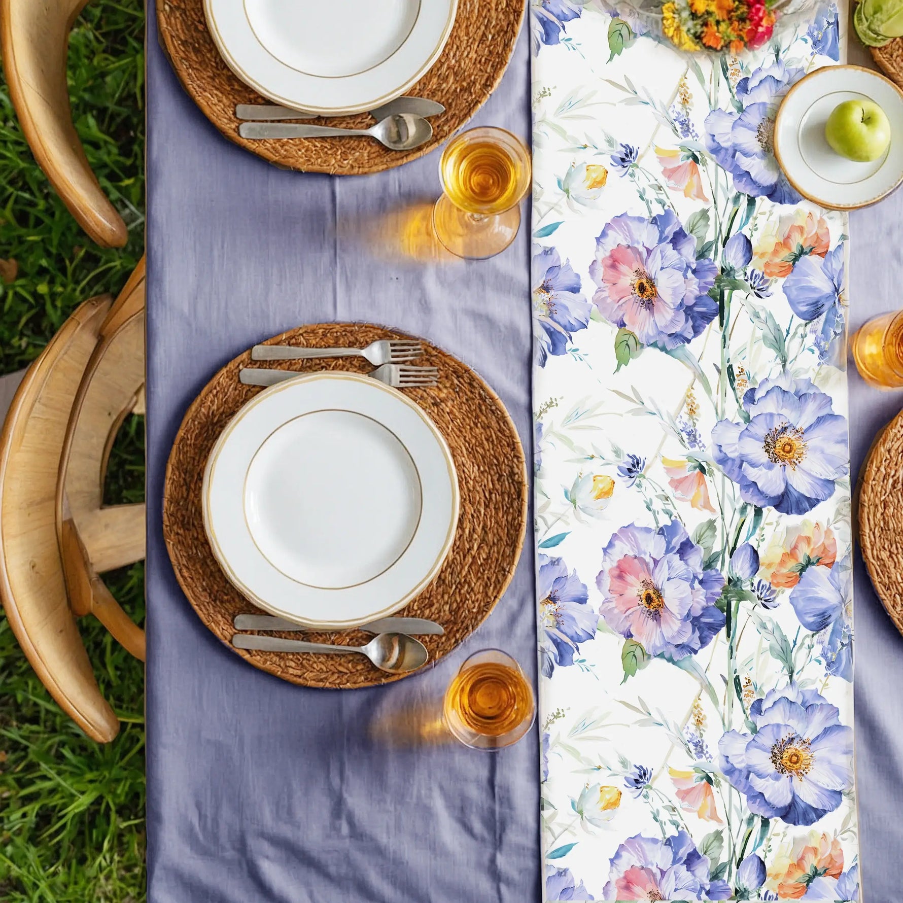 Table Runner with Blue flowers on a table
