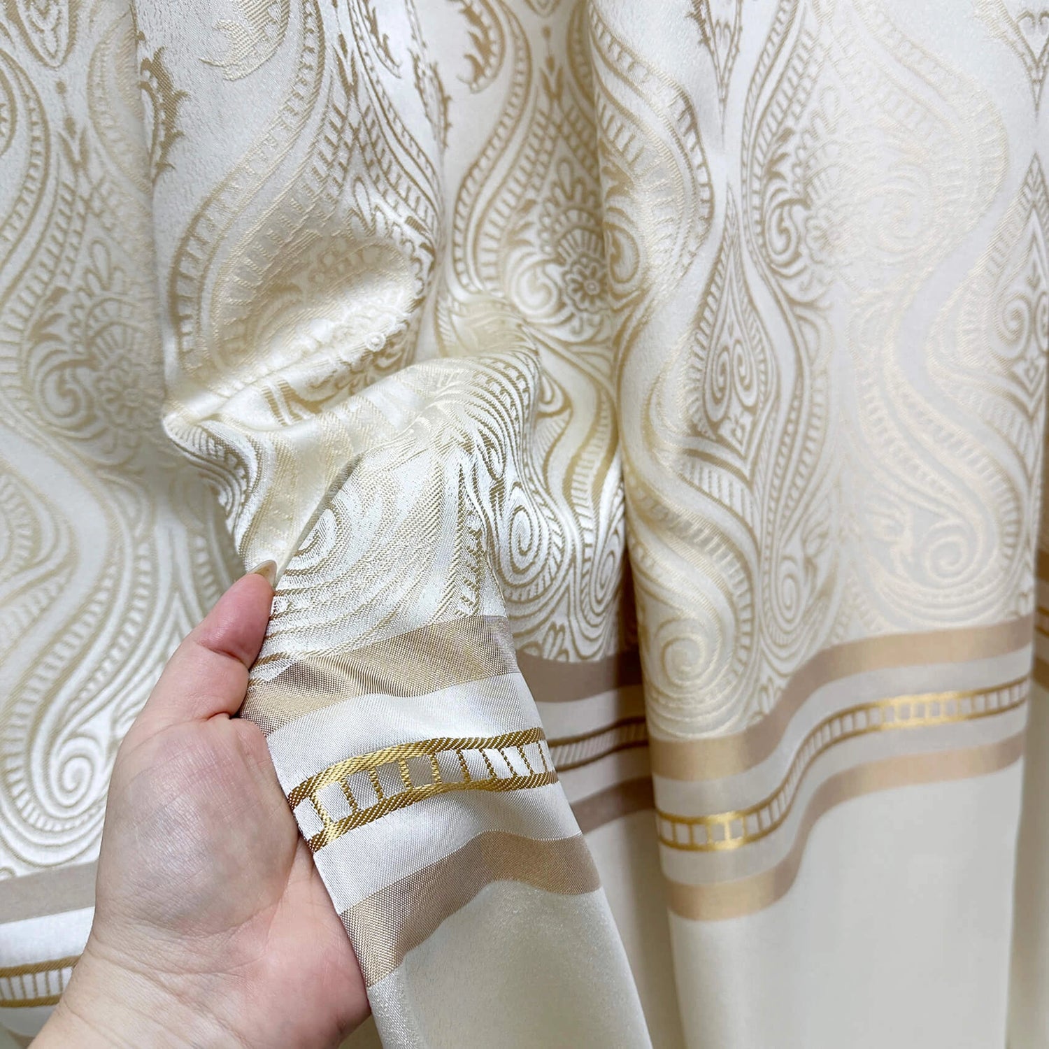 Custom Curtains Cream Striped with Damask Pattern