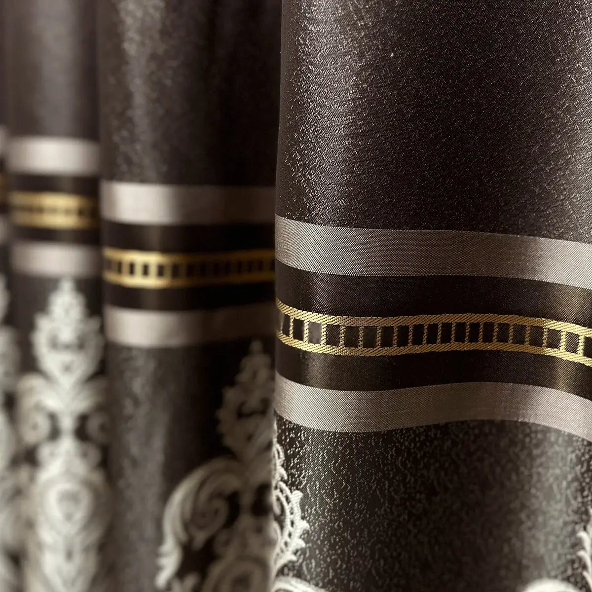 Custom Curtains Brown Beige Striped with Damask Pattern, Luxury Bohemian Home Decor Style