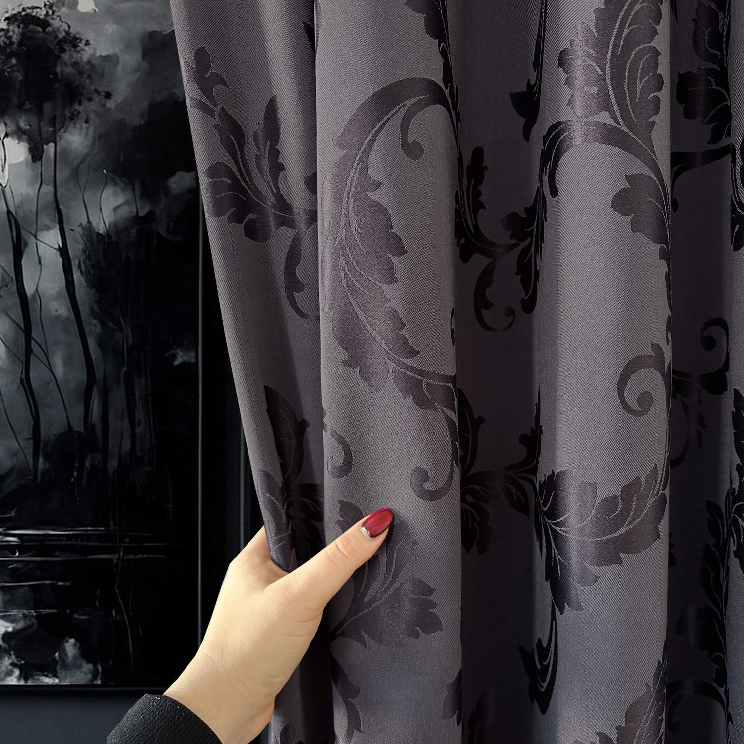 Cotton Curtain Panels Custom with Damask Charcoal Gray Floral Pattern