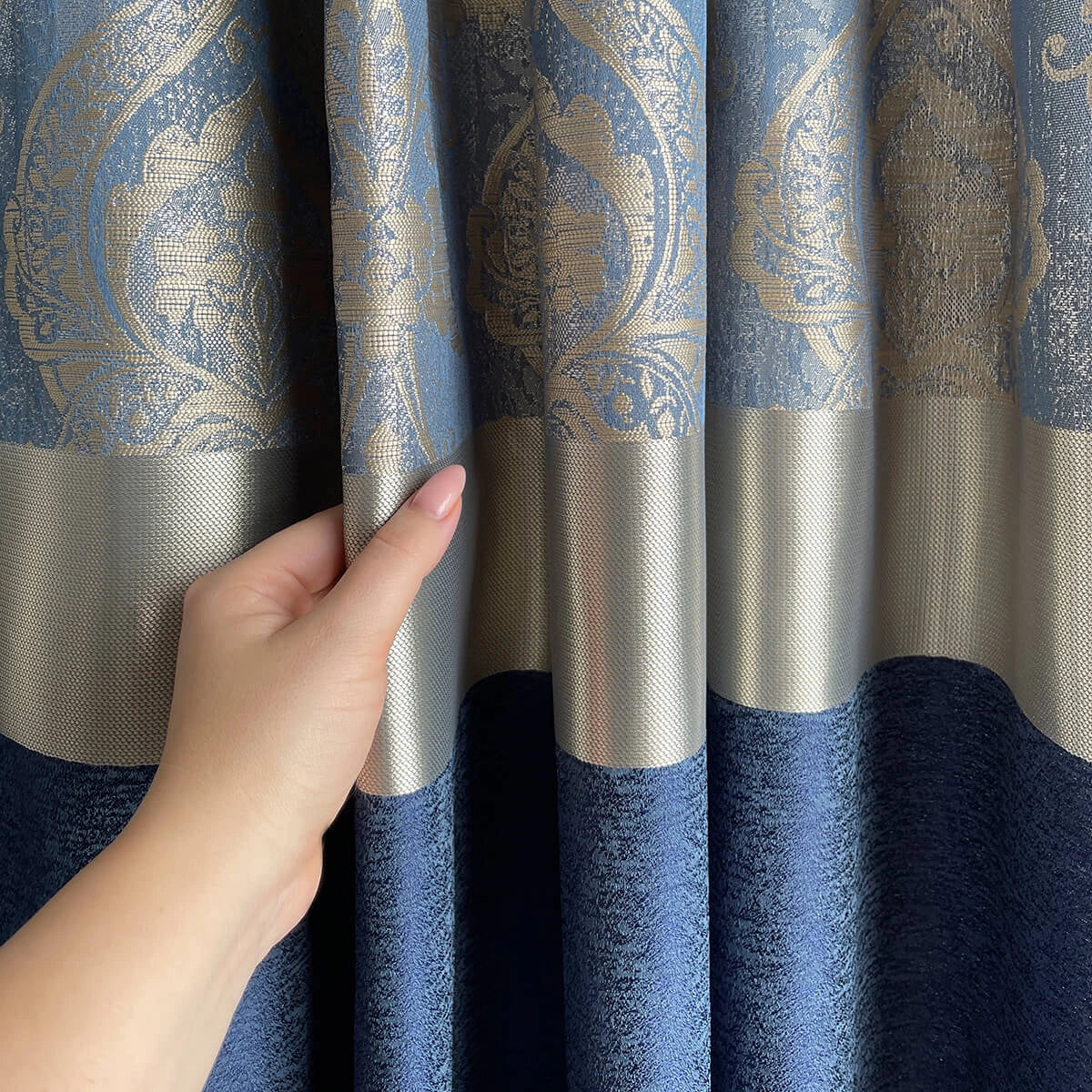 Damask Curtains for Bohemian Home Décor in Royal Blue Color with Gold Stripes
