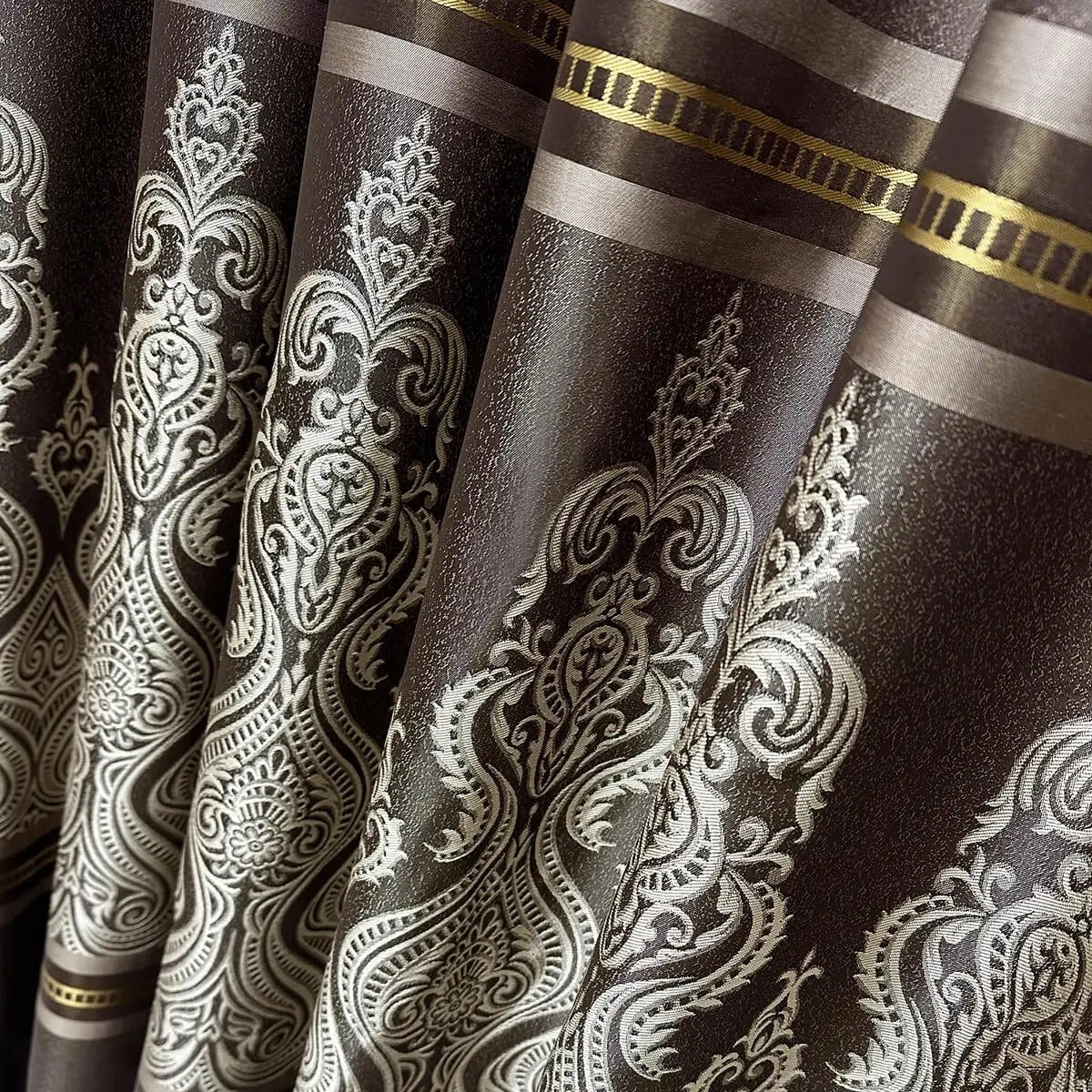Custom Curtains Brown Beige Striped with Damask Pattern, Luxury Bohemian Home Decor Style