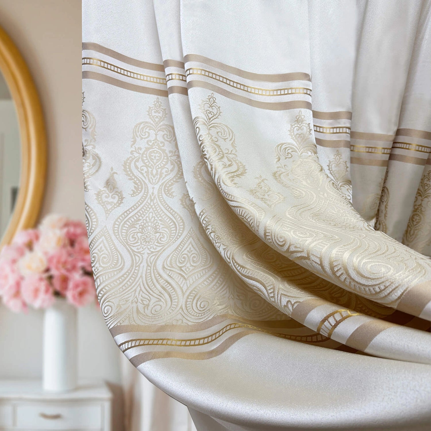 Custom Curtains Cream Striped with Damask Pattern
