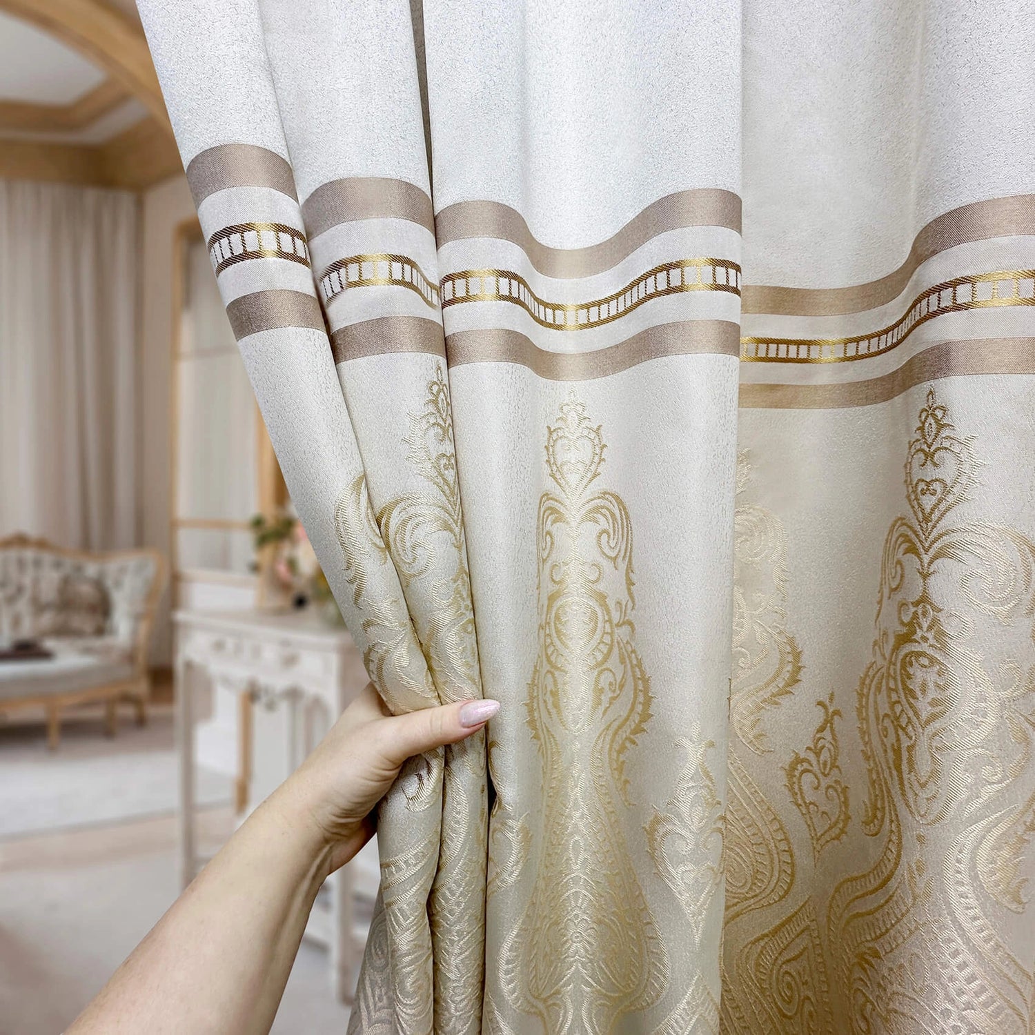 Custom Curtains Cream Striped with Damask Pattern