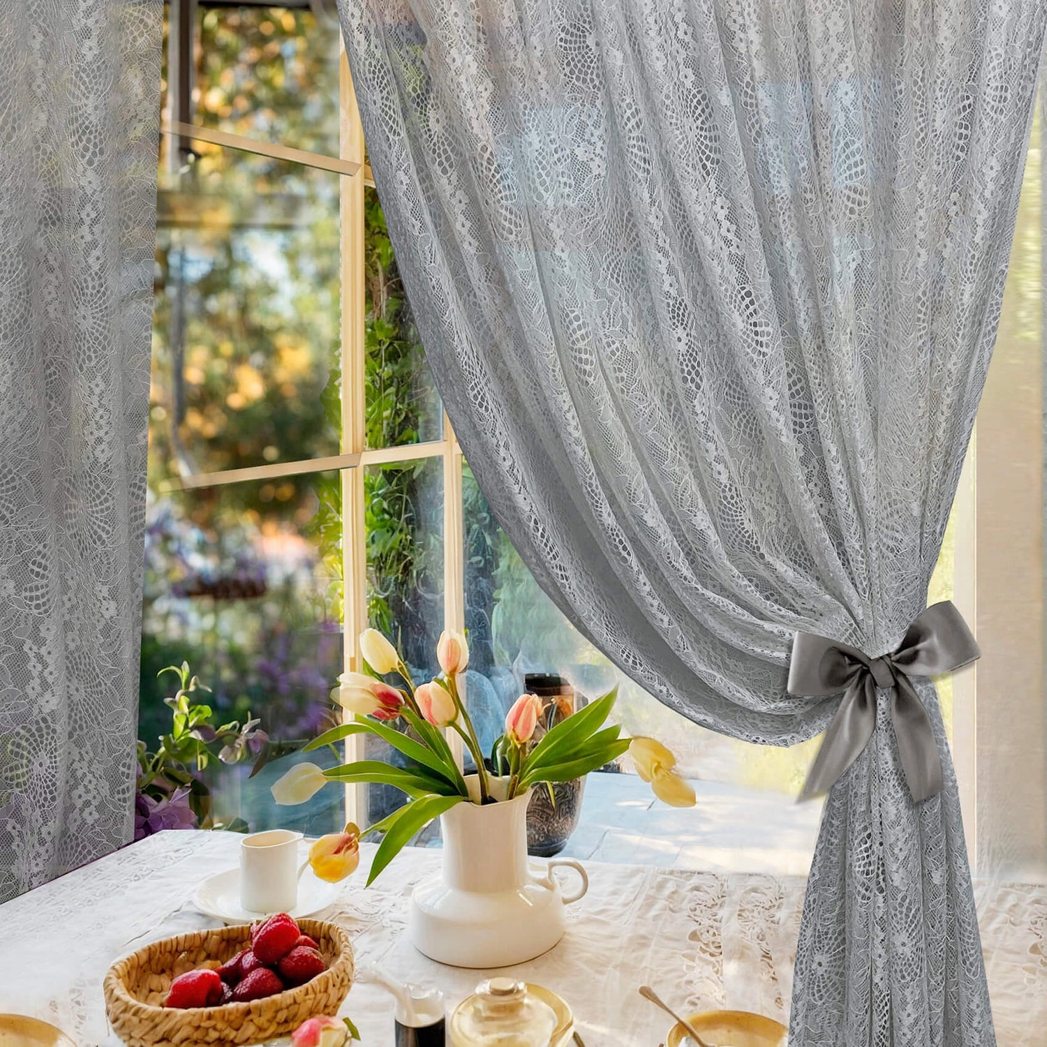 Sheer Curtains from French Lace with a Bow, gray