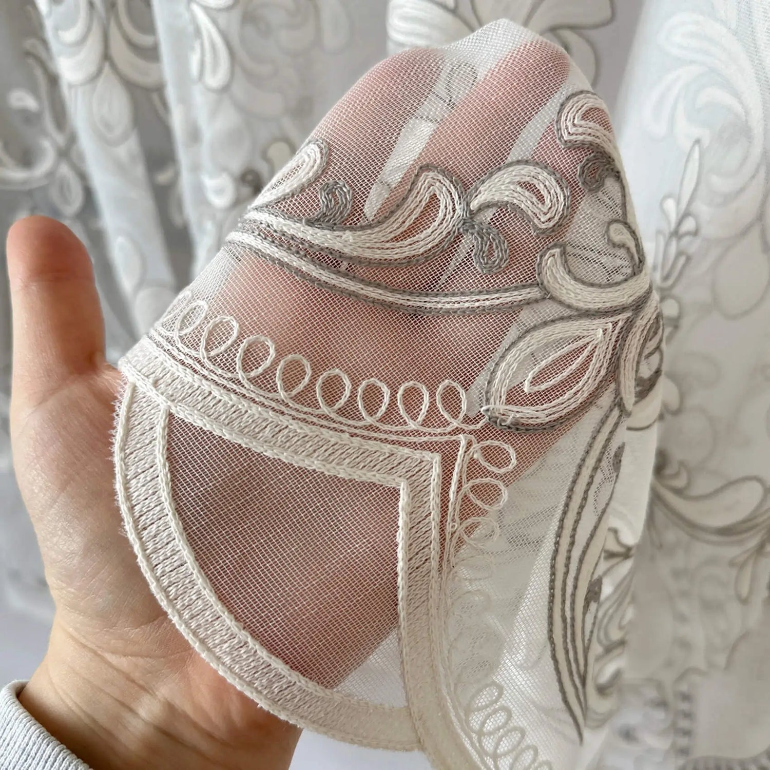 Tulle Curtains Victorian Damask with Gray Embroidery