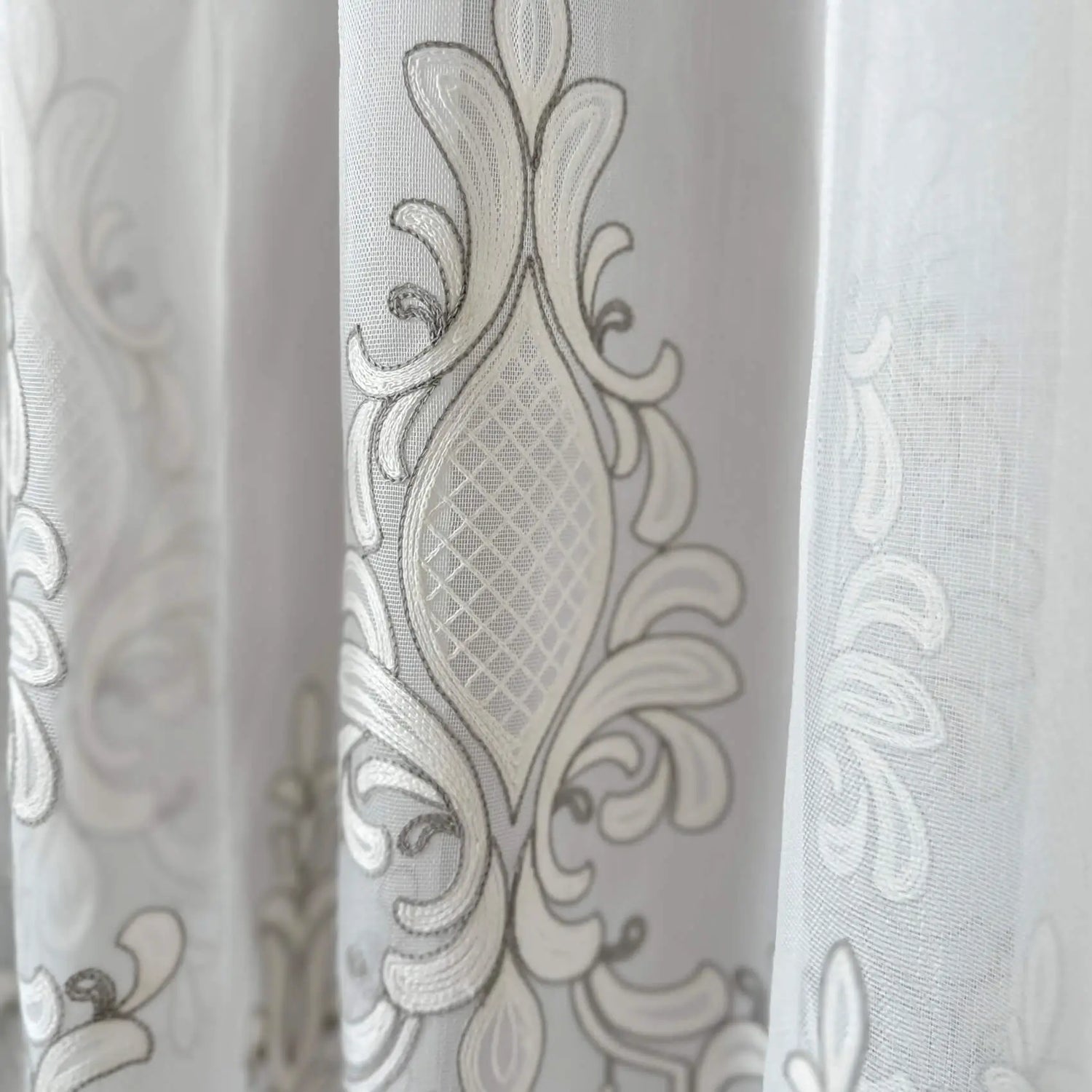 Tulle Curtains Victorian Damask with Gray Embroidery