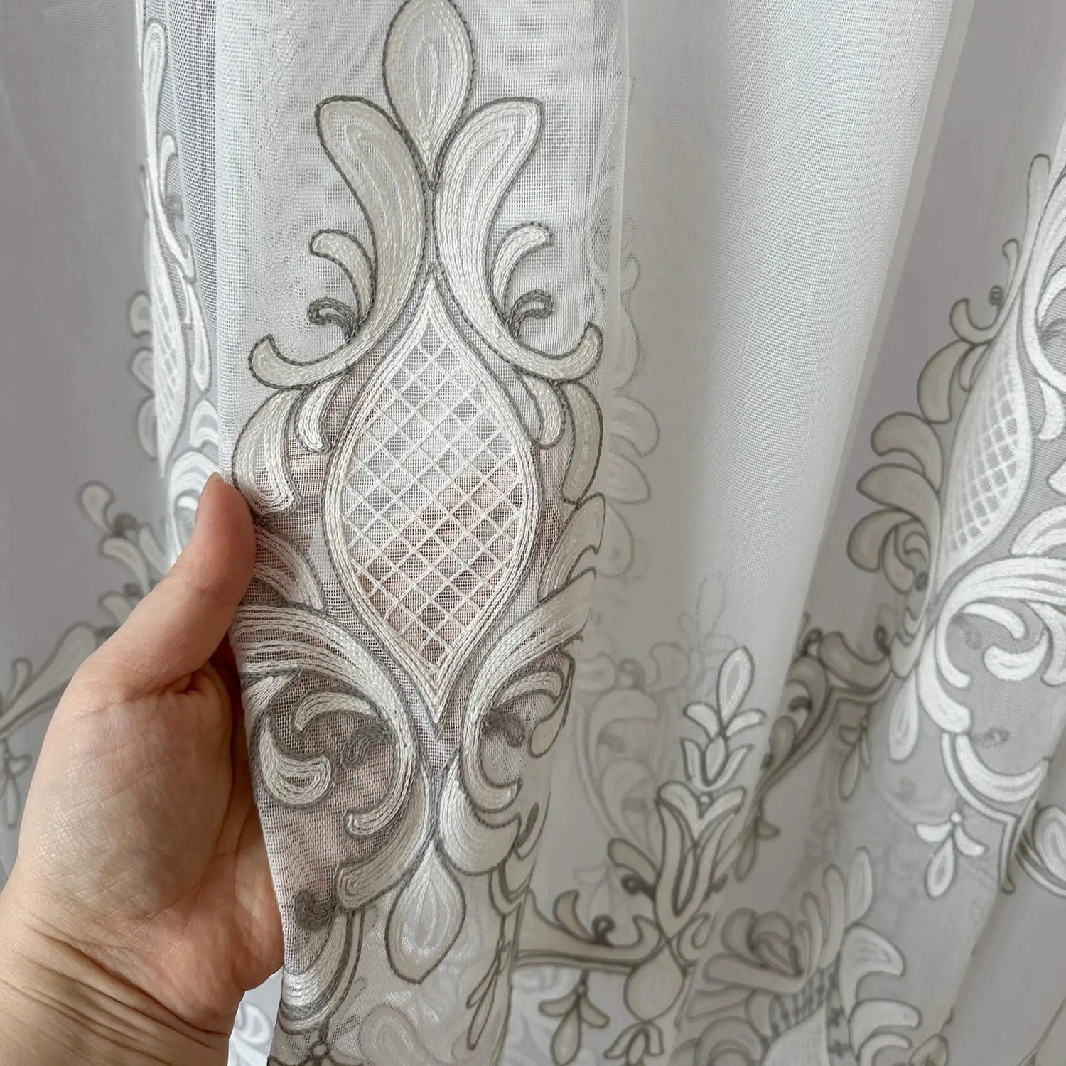 Tulle Curtains Victorian Damask with Gray Embroidery