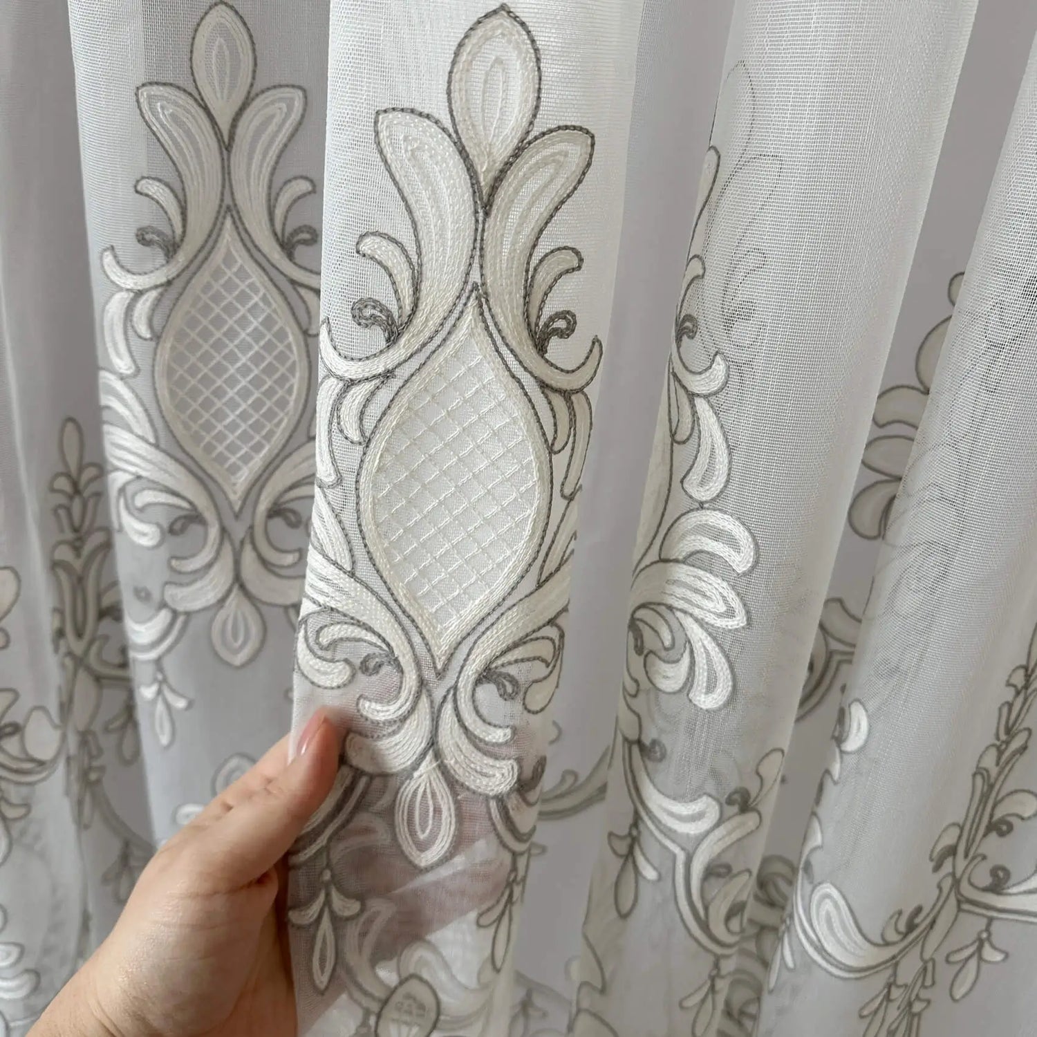 Tulle Curtains Victorian Damask with Gray Embroidery