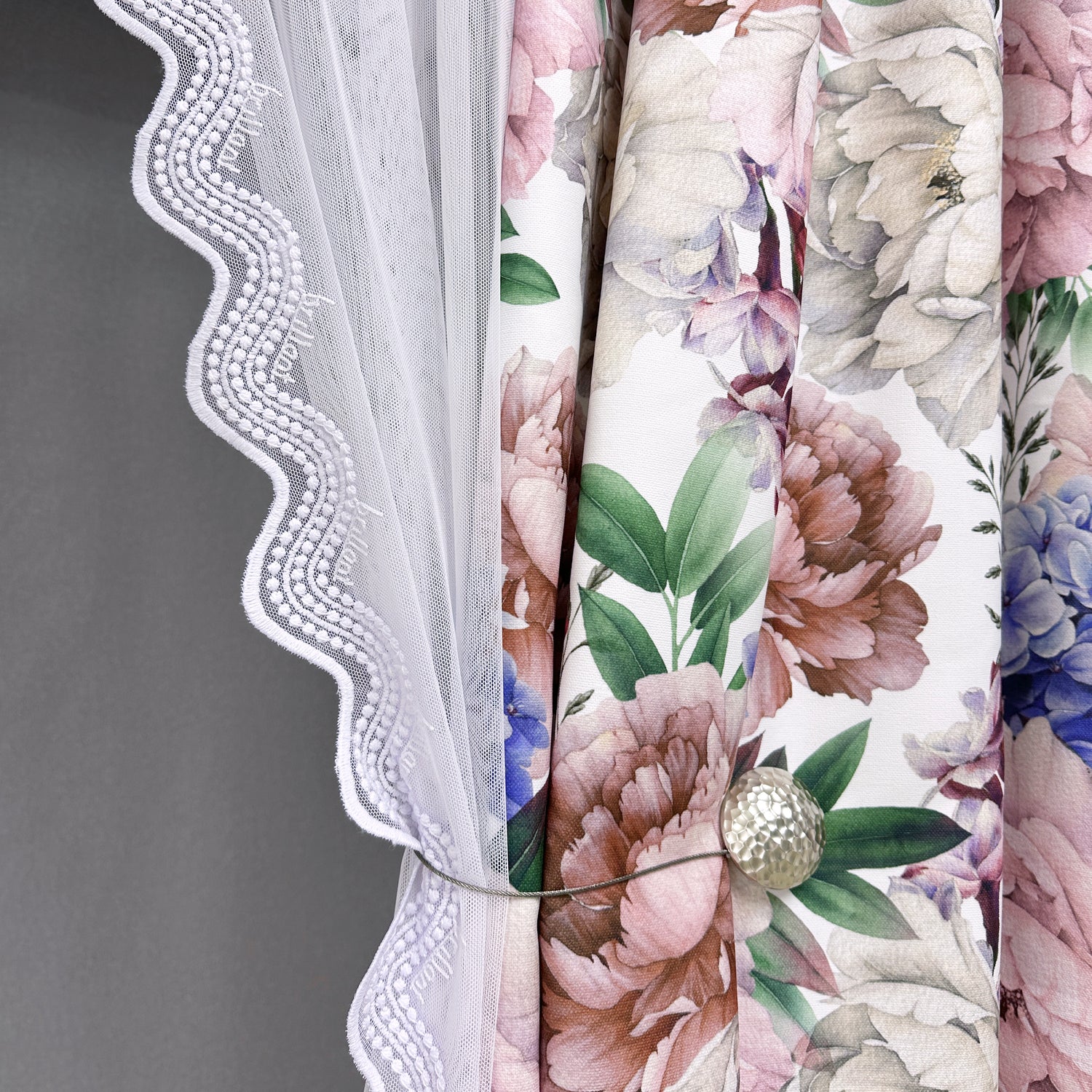 Kitchen Curtains Set with Floral Hydrangea Design