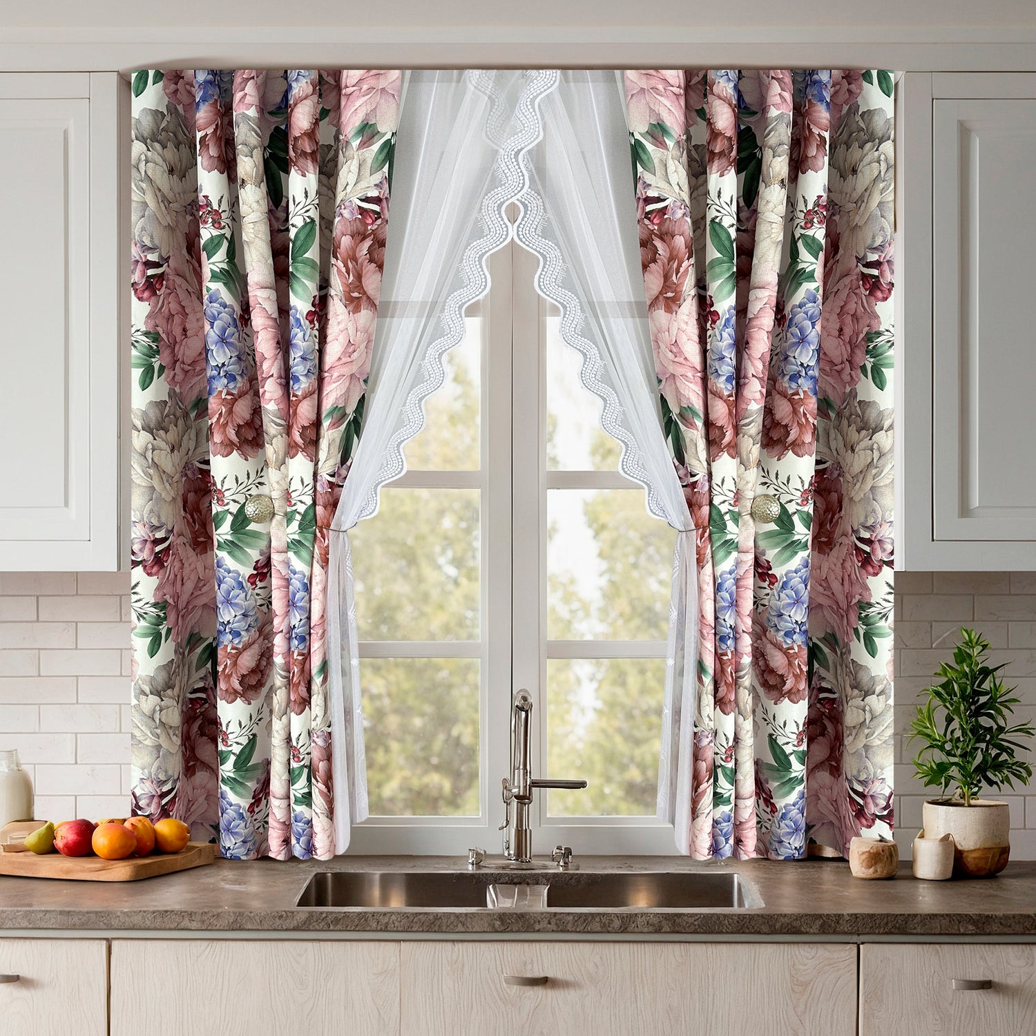 Kitchen Curtains Set with Floral Hydrangea Design