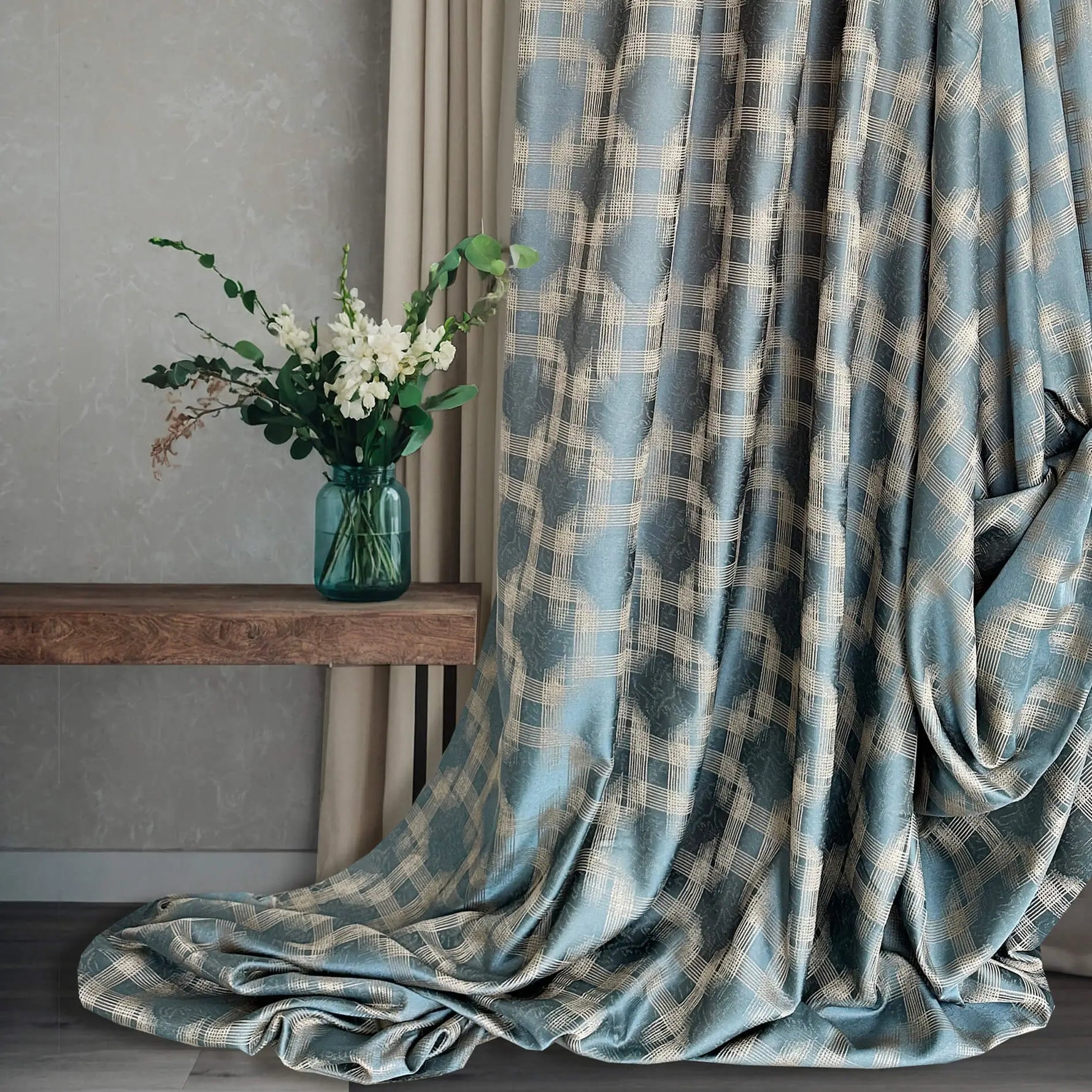 Curtains Jacquard Turquoise-Blue with Geometrical Pattern