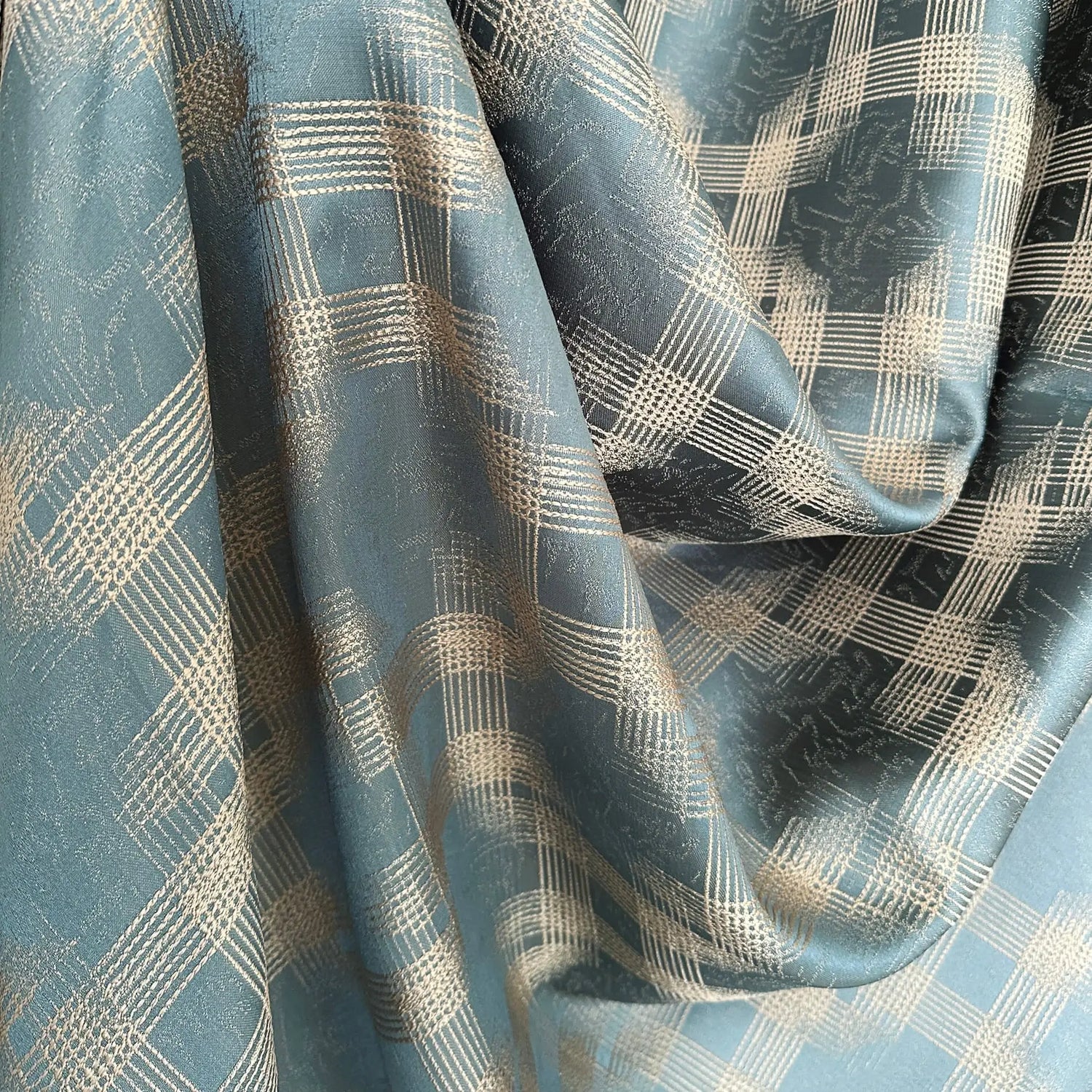 fabric for Curtains Jacquard Turquoise-Blue with Geometrical Pattern
