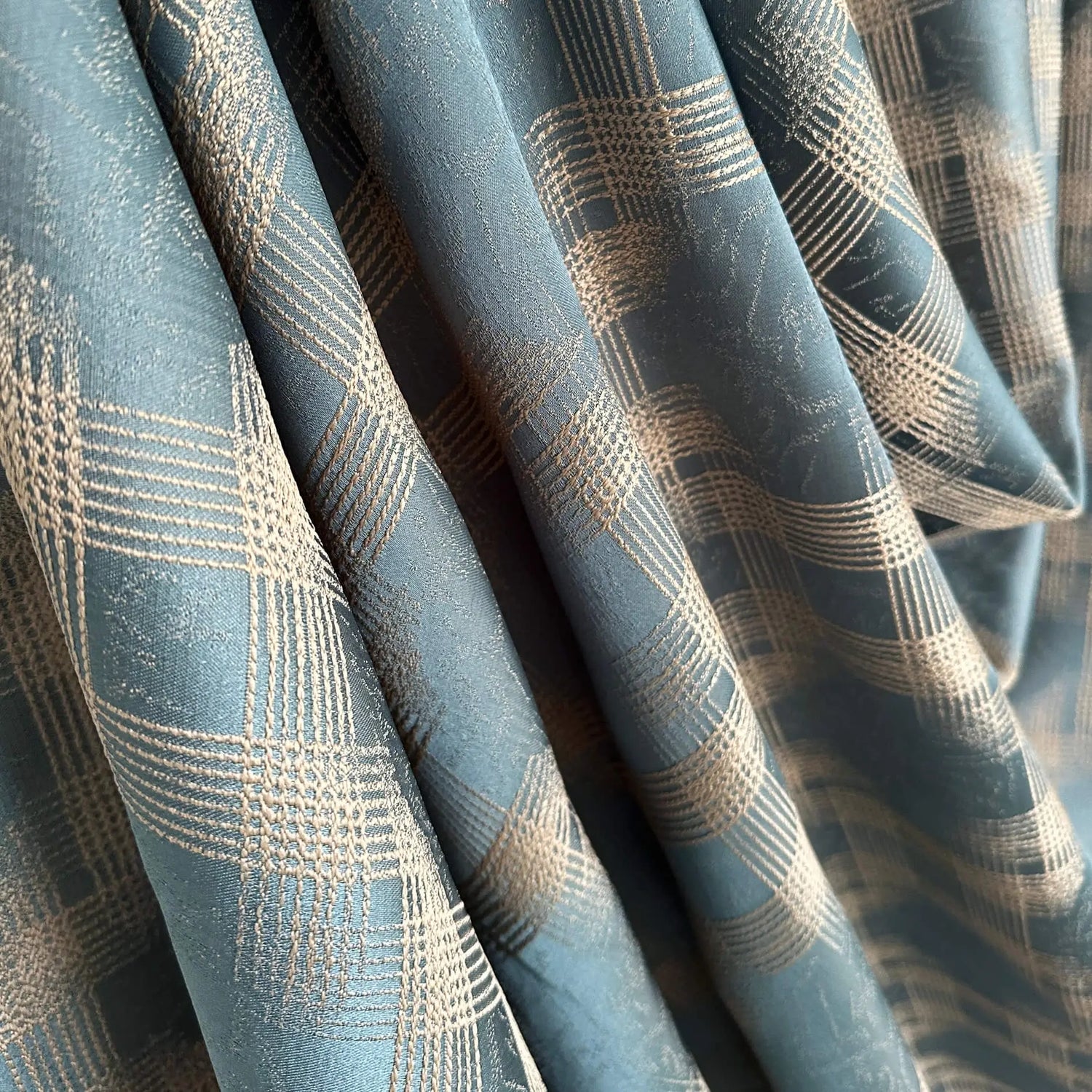 fabric for Curtains Jacquard Turquoise-Blue with Geometrical Pattern