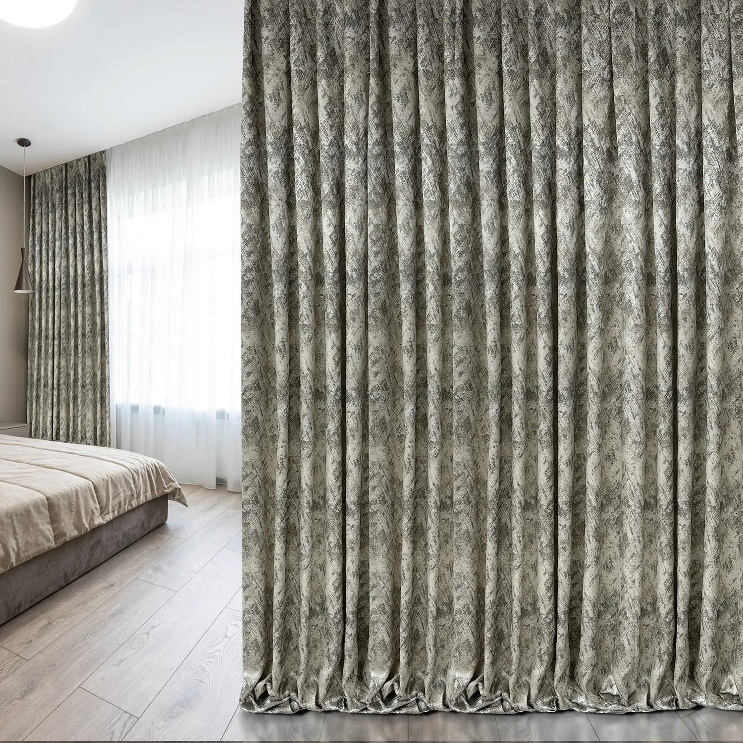 Jacquard Drapery Curtain Modern Abstract Patterned in Taupe Gray in Bedroom