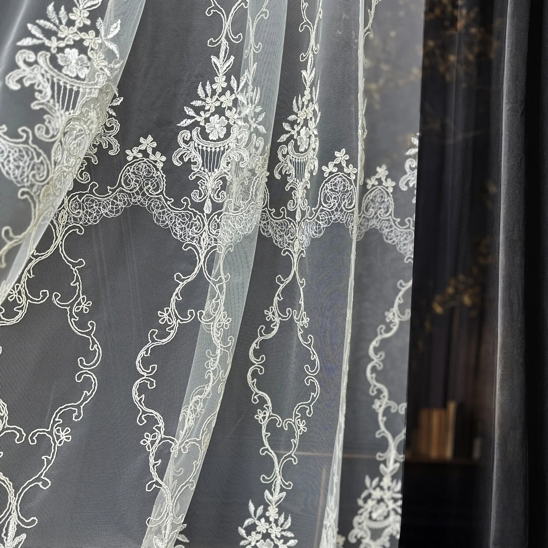 Off-White Sheer Lace Curtains with Embroidery Luxury