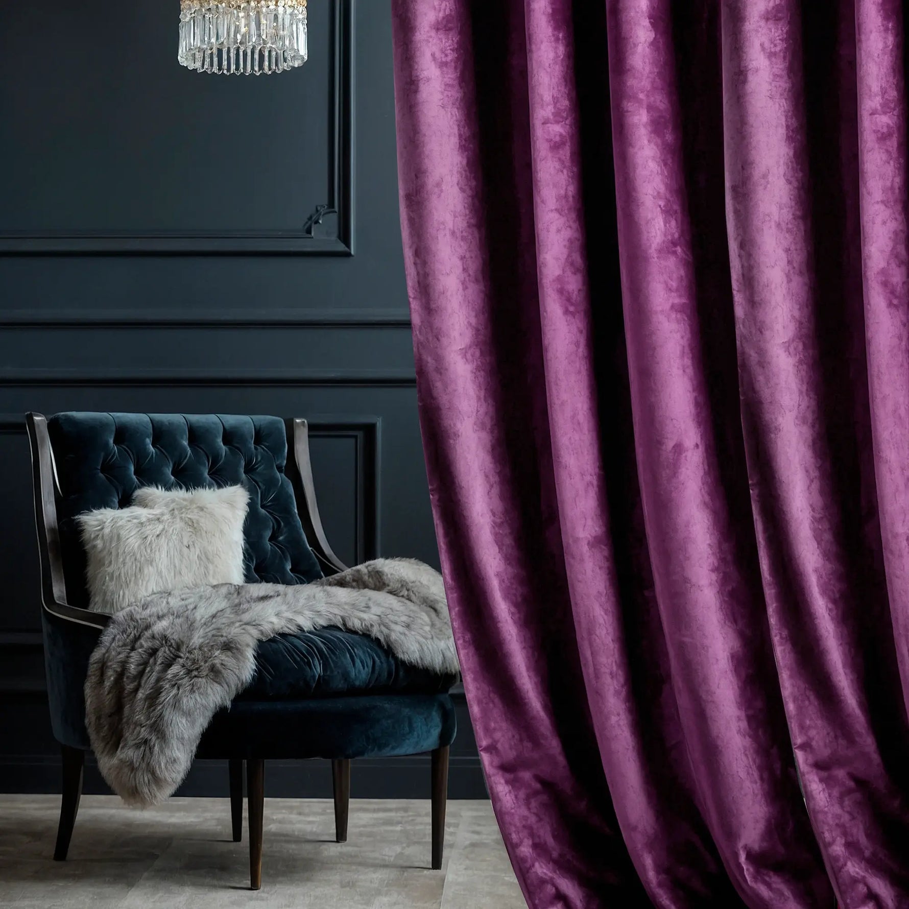 Velvet Panel Curtains for Modern Living Room in Grape Color, Custom Made